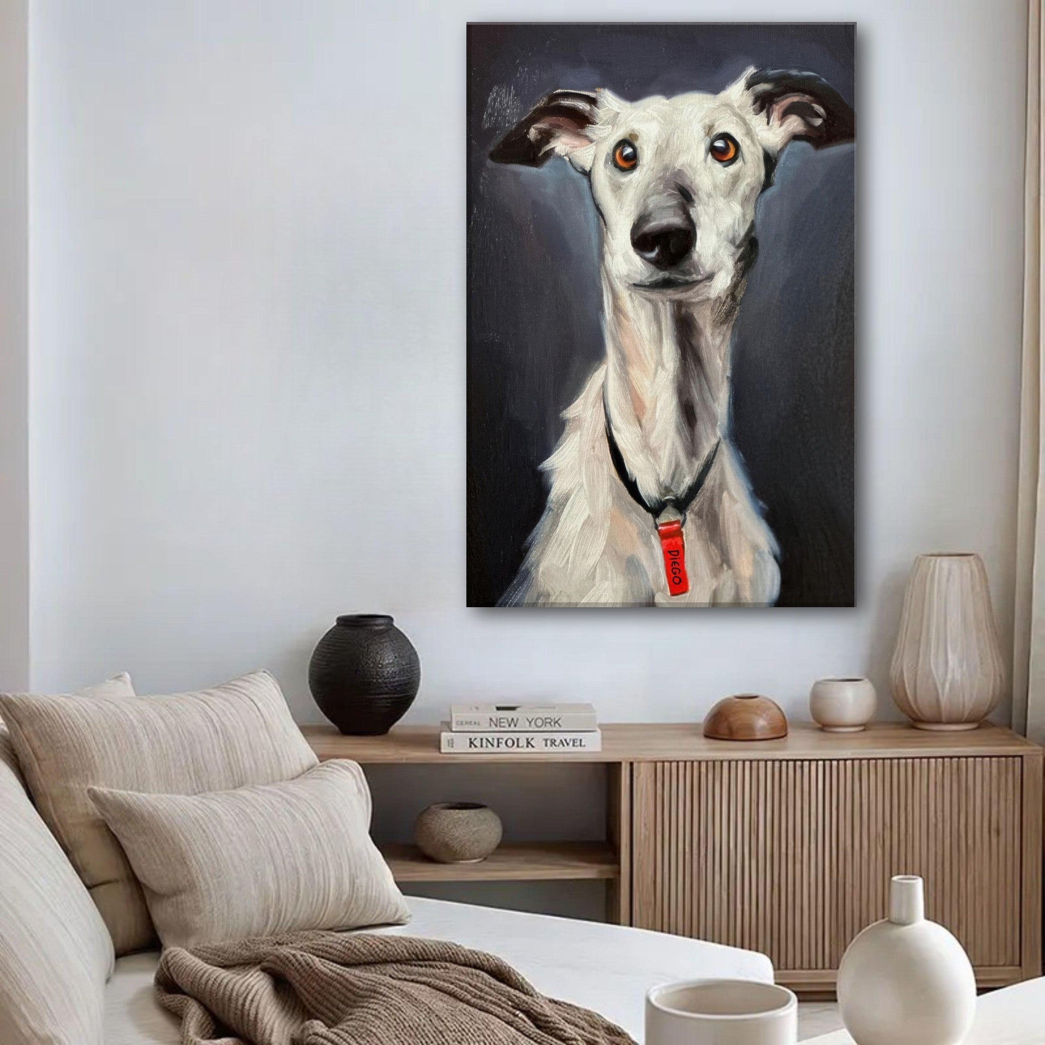 Stunning greyhound dog painting on canvas, adding elegance to modern living room decor.