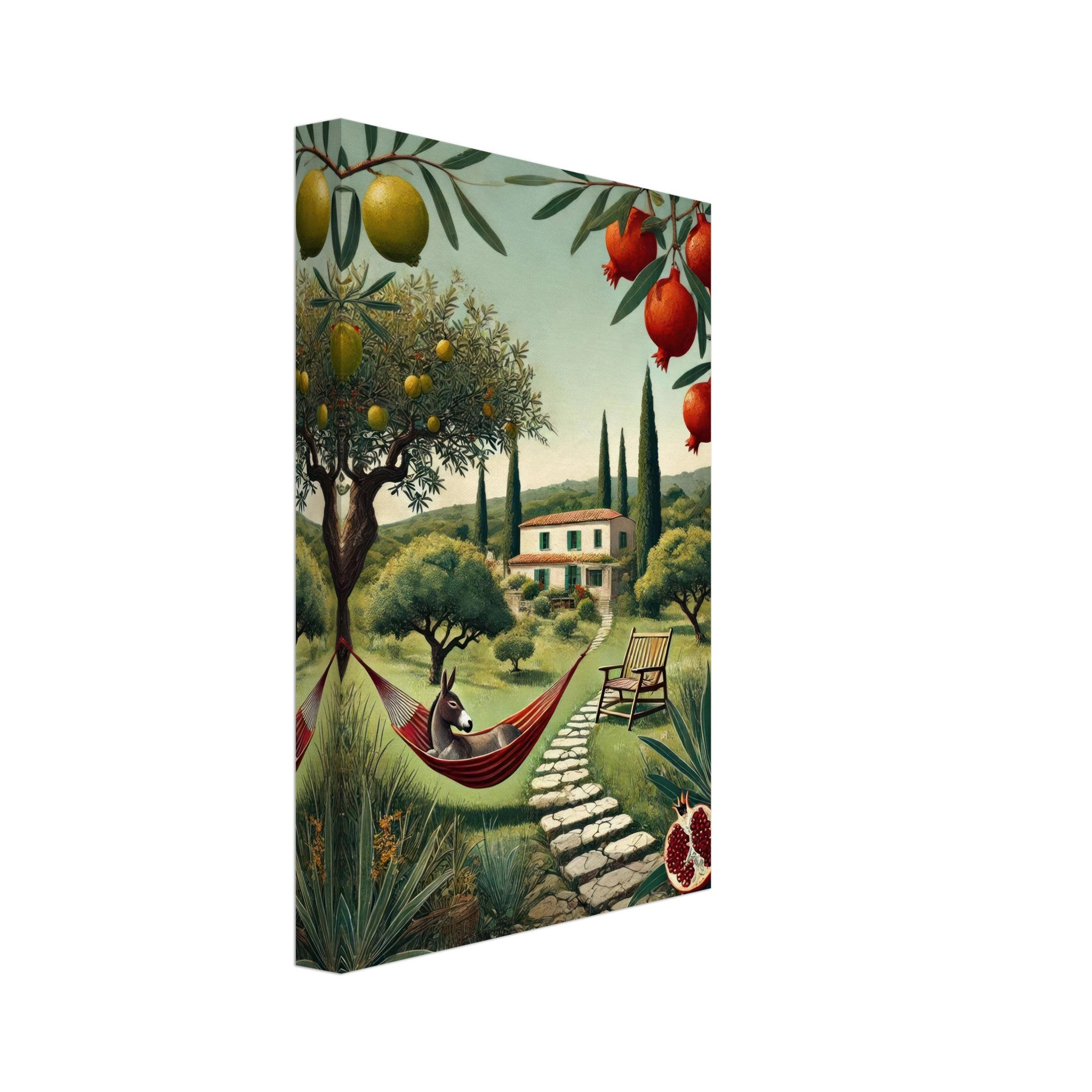 Mediterranean rural landscape canvas print featuring a hammock, villa, and lush greenery with citrus trees.
