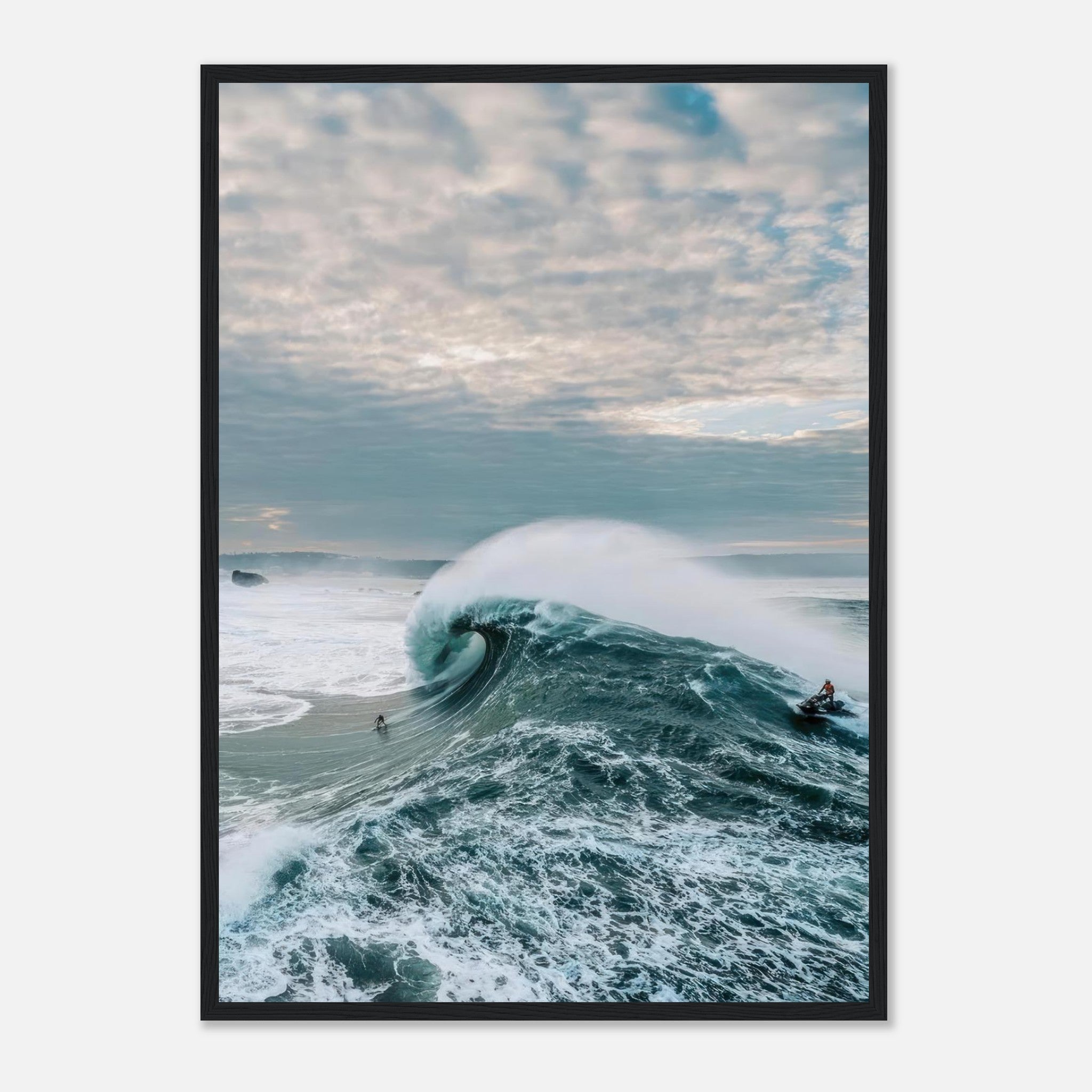 Stunning Big Wave Surfing Framed Print capturing a surfer riding a massive wave against a dynamic sky.