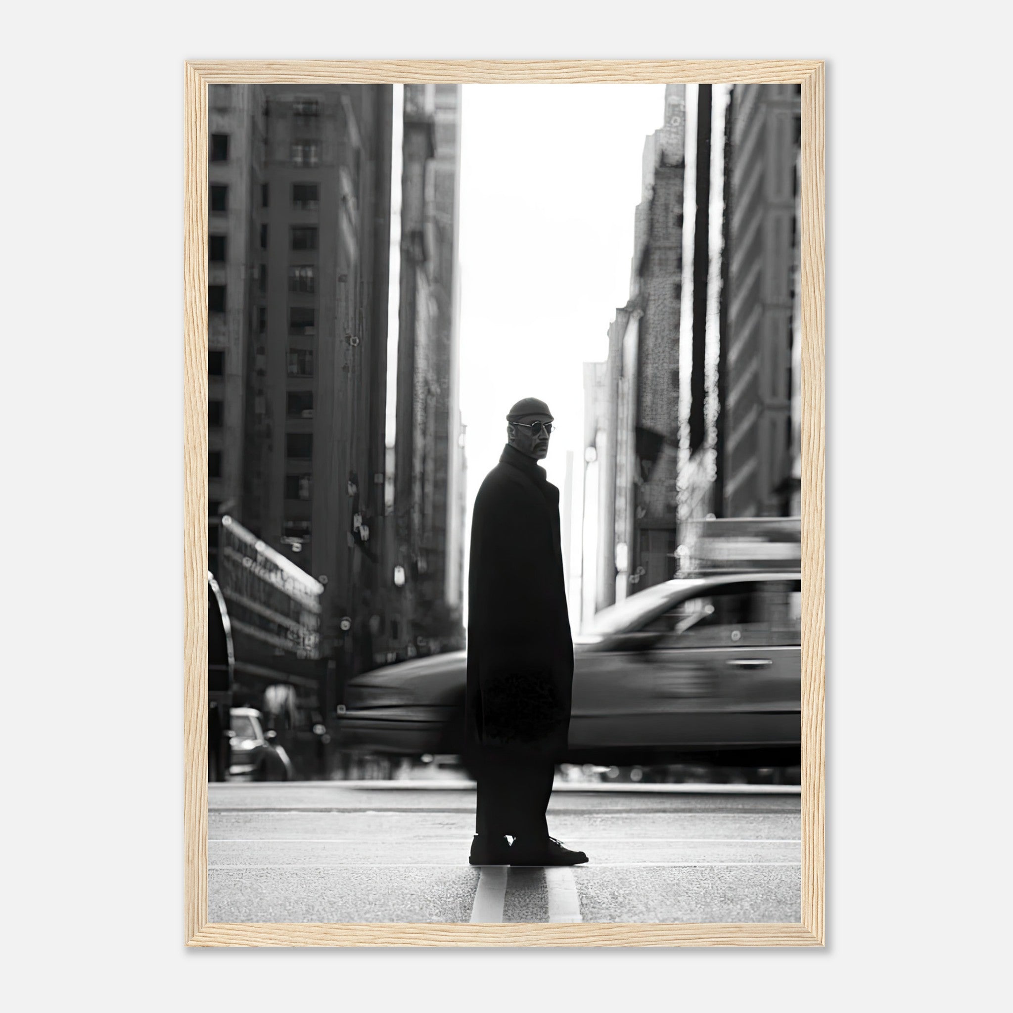 Jean Reno as Leon in New York framed print, iconic black-and-white artwork showcasing urban sophistication.
