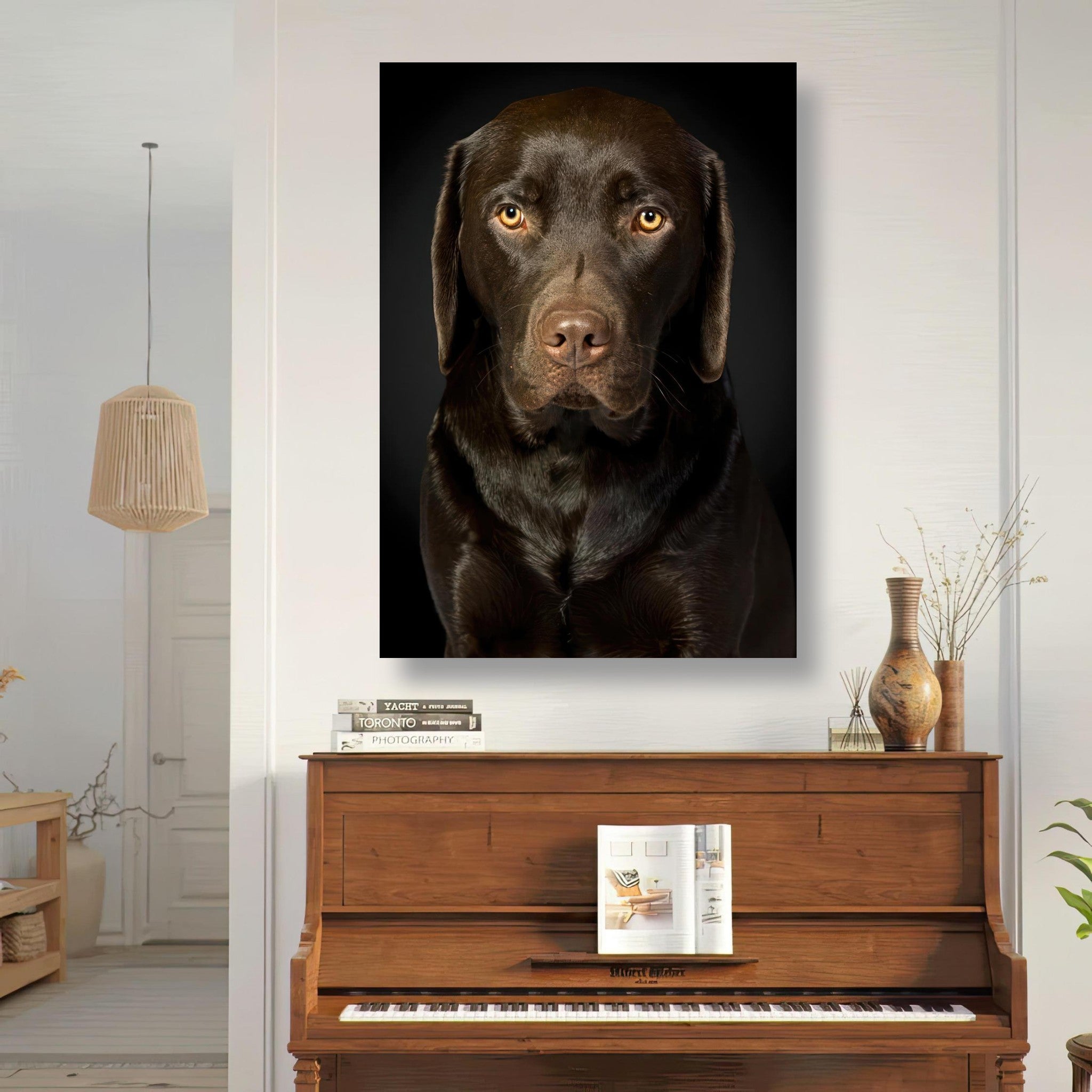 Chocolate Labrador portrait metal print showcasing deep brown coat and amber eyes in a modern home setting.