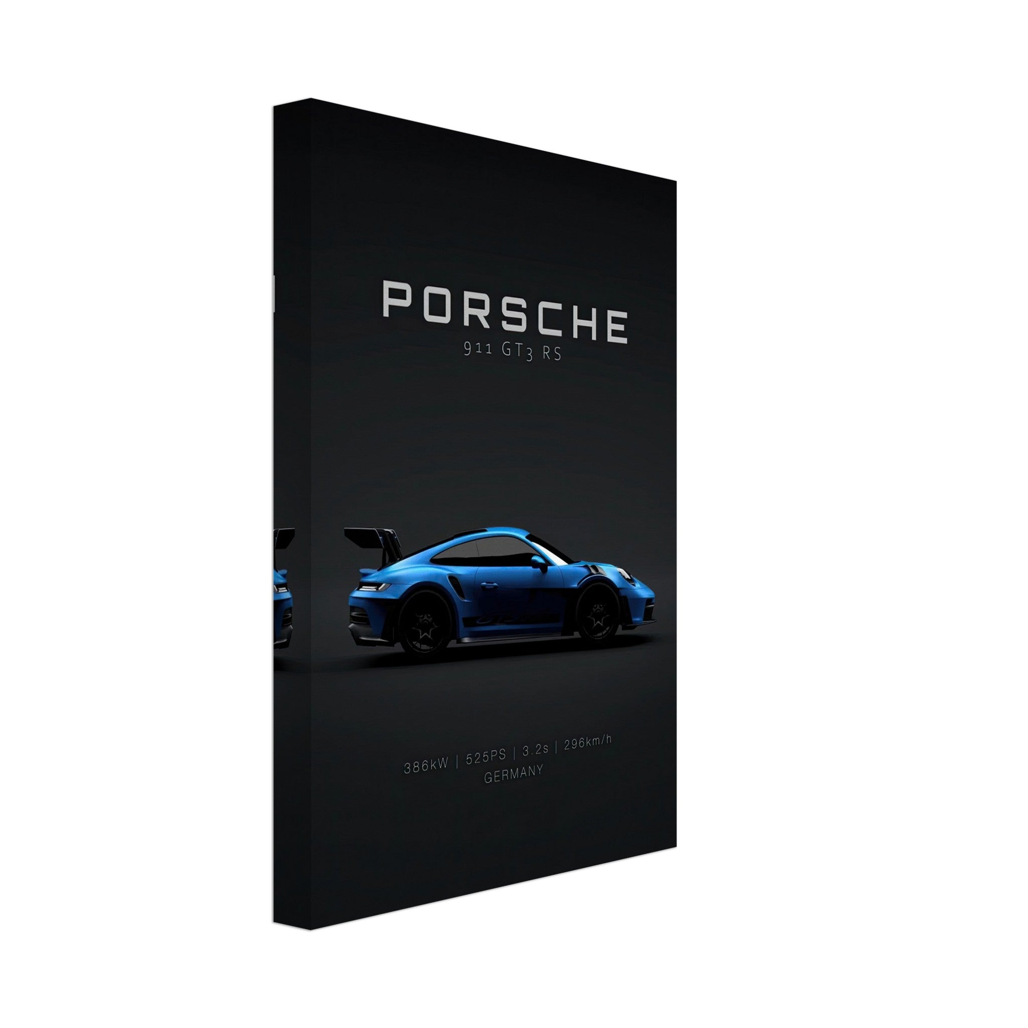 Porsche 911 GT3 RS canvas artwork showcasing vibrant blue car on black background with specifications.