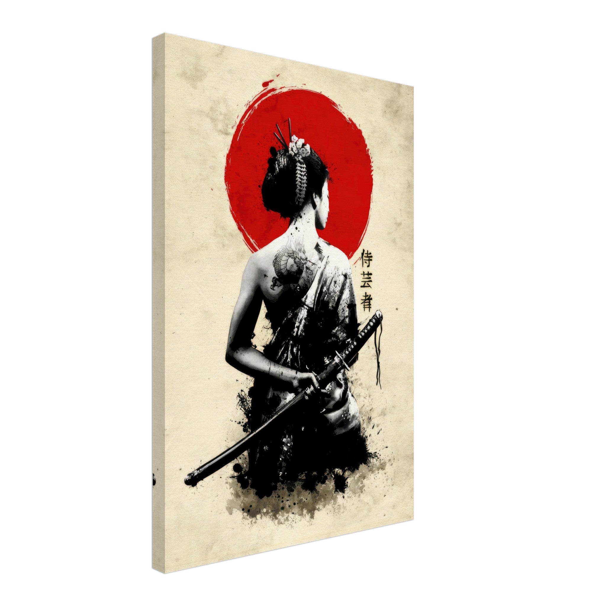 The Samurai Geisha Canvas artwork featuring a poised geisha with a katana and a red sun backdrop.