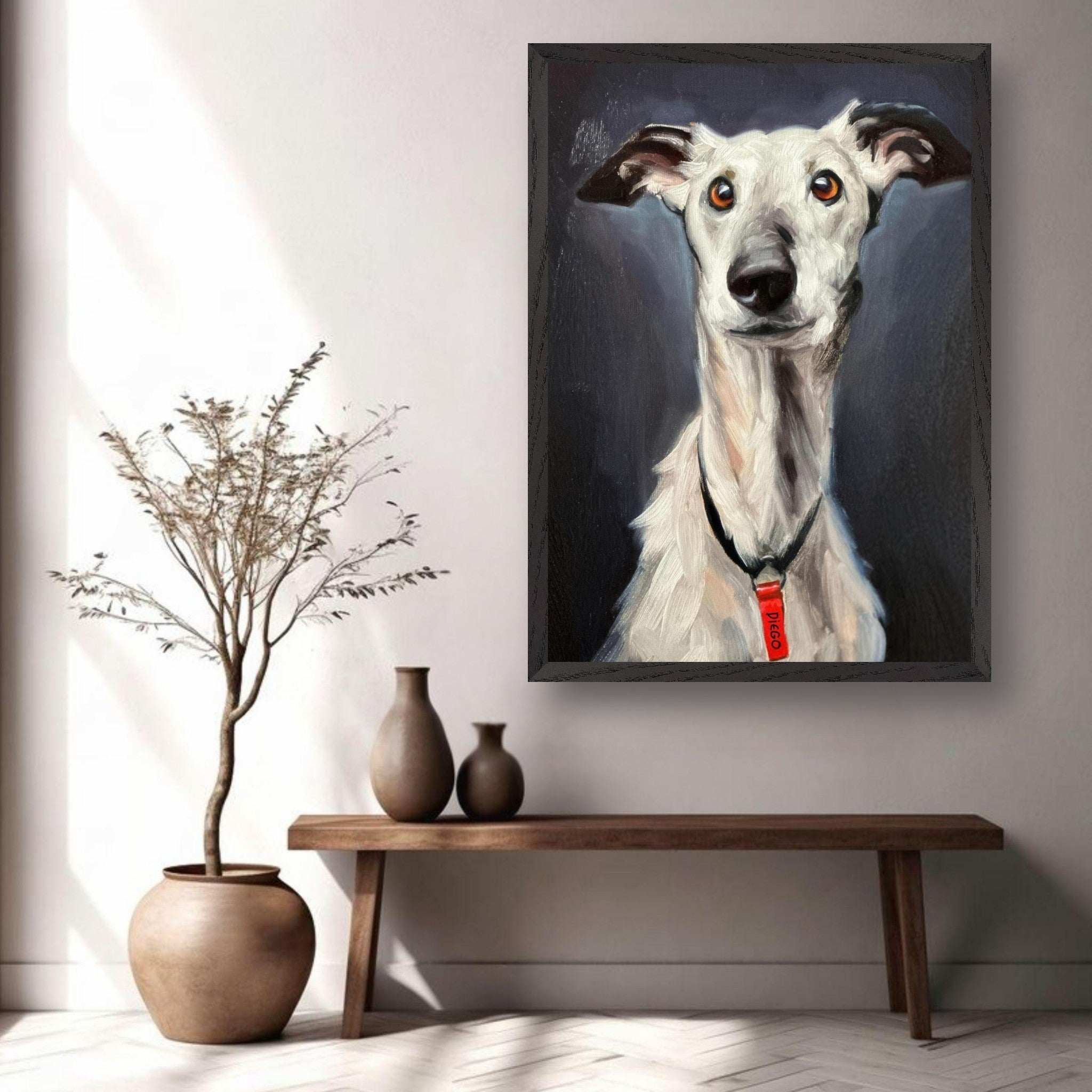 Greyhound dog painting displayed in a modern living room, showcasing museum-quality fine art and elegant decor.