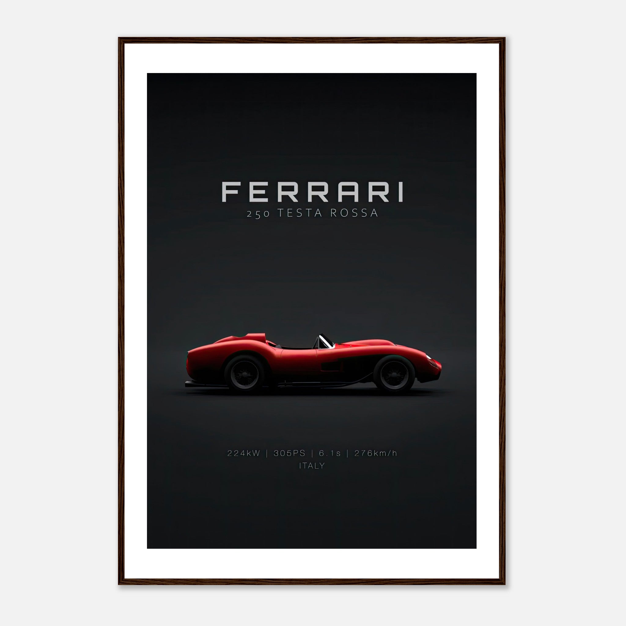 Ferrari 250 Testa Rossa framed poster showcasing iconic design on a sleek black background.