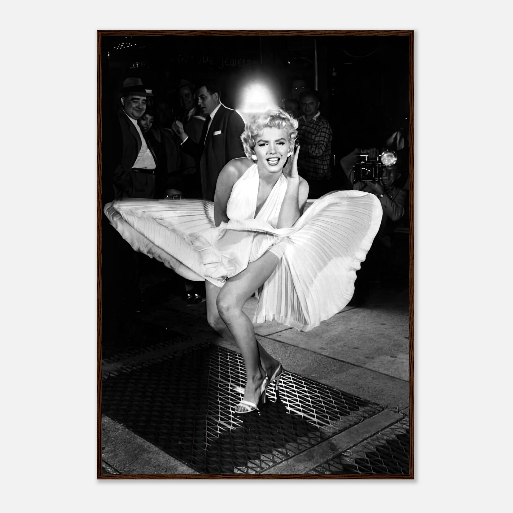 Framed print of Marilyn Monroe in a white dress, iconic wind-blown moment from *The Seven Year Itch*, showcasing Hollywood glamour.