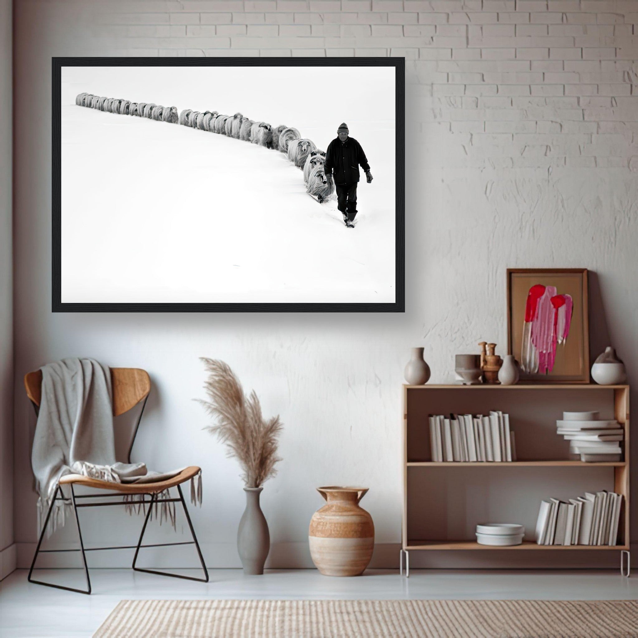 Framed print of a shepherd leading sheep through a snowy landscape, embodying resilience and tradition in black-and-white.