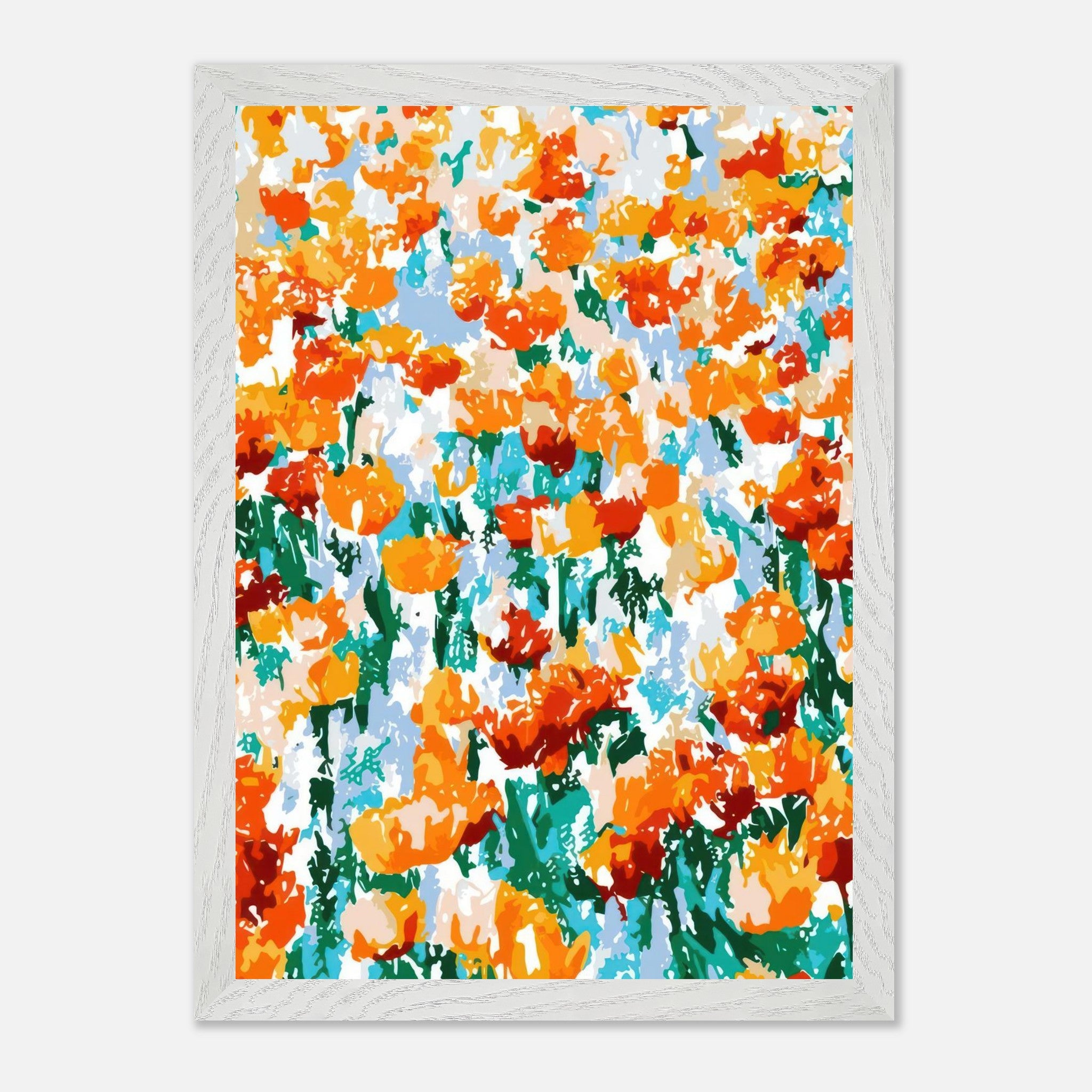 Abstract floral tulip garden in vibrant orange and yellow hues, framed print for home decor.