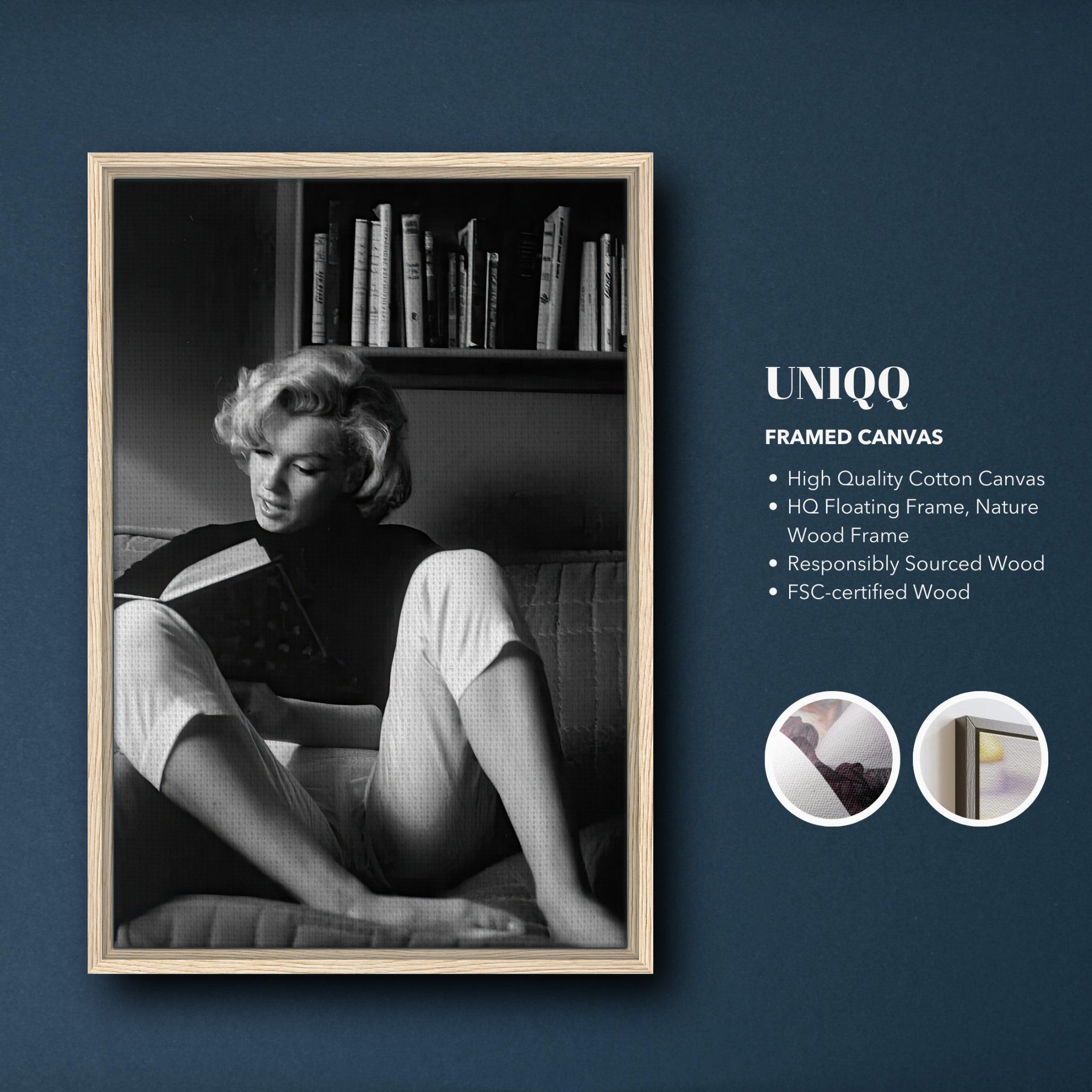 Marilyn Monroe reading at home, framed canvas print showcasing elegance and sophistication.