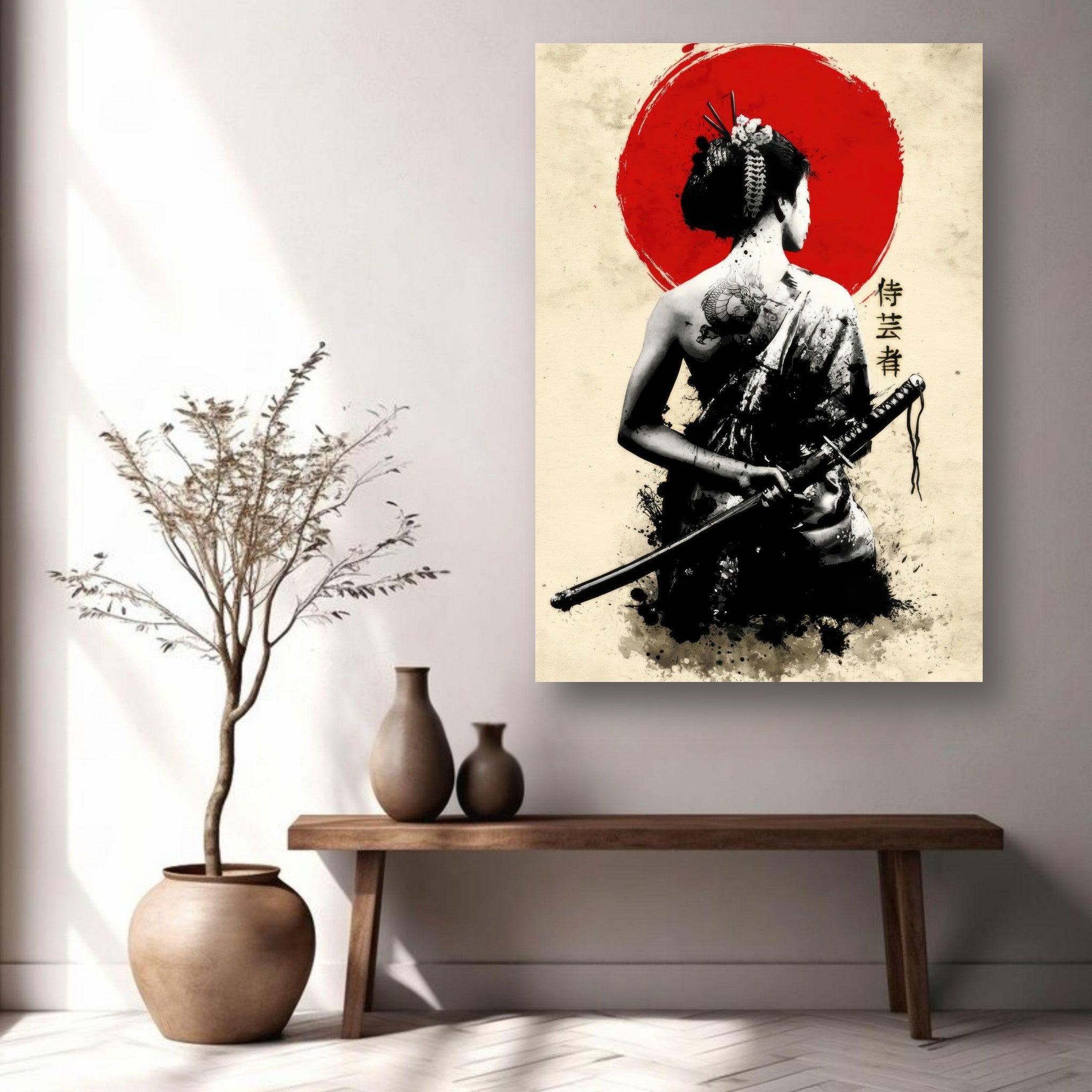 The Samurai Geisha metal print featuring a geisha with a katana and a vibrant red sun, perfect for modern wall art.