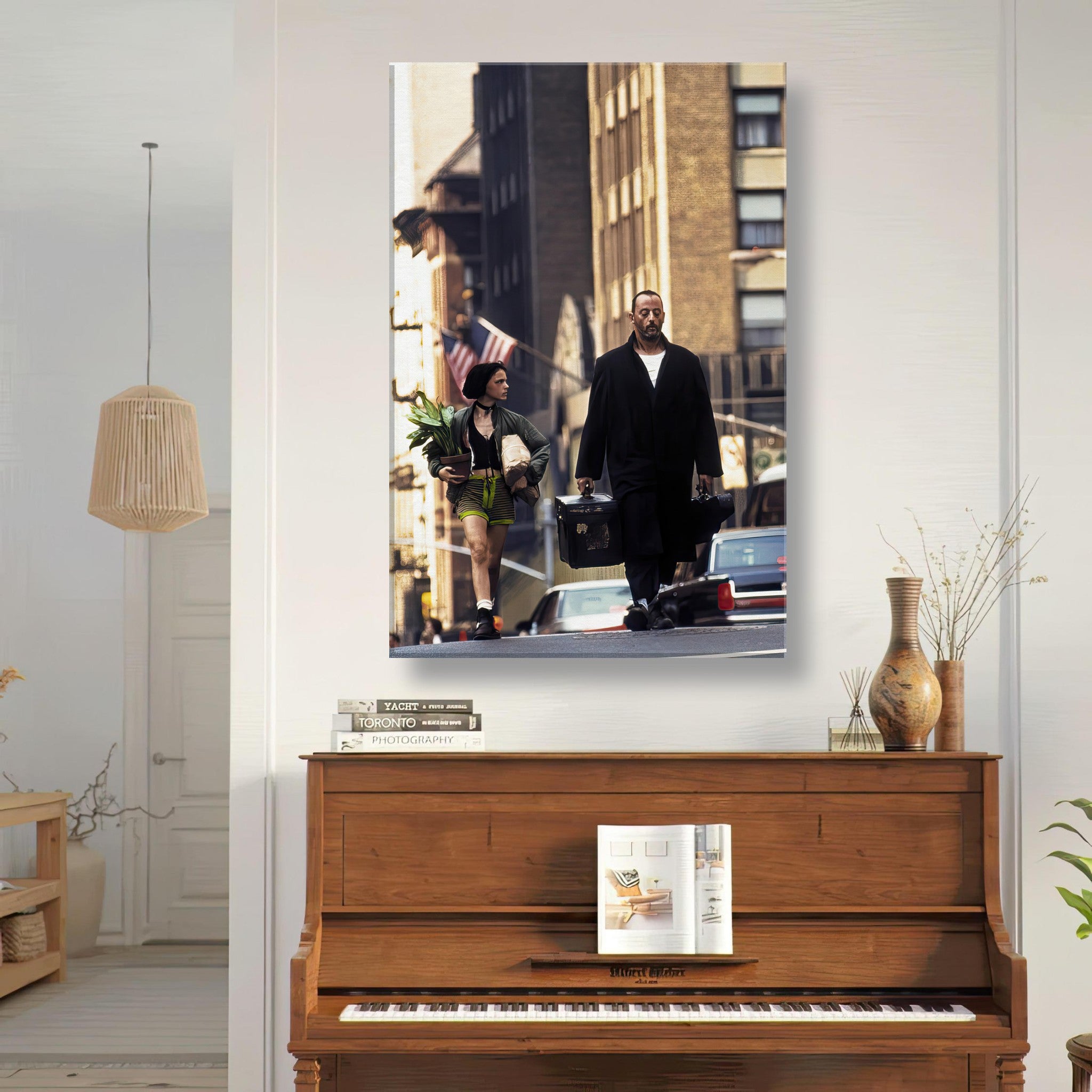 Jean Reno and Natalie Portman in Leon canvas artwork displayed in a stylish living room.