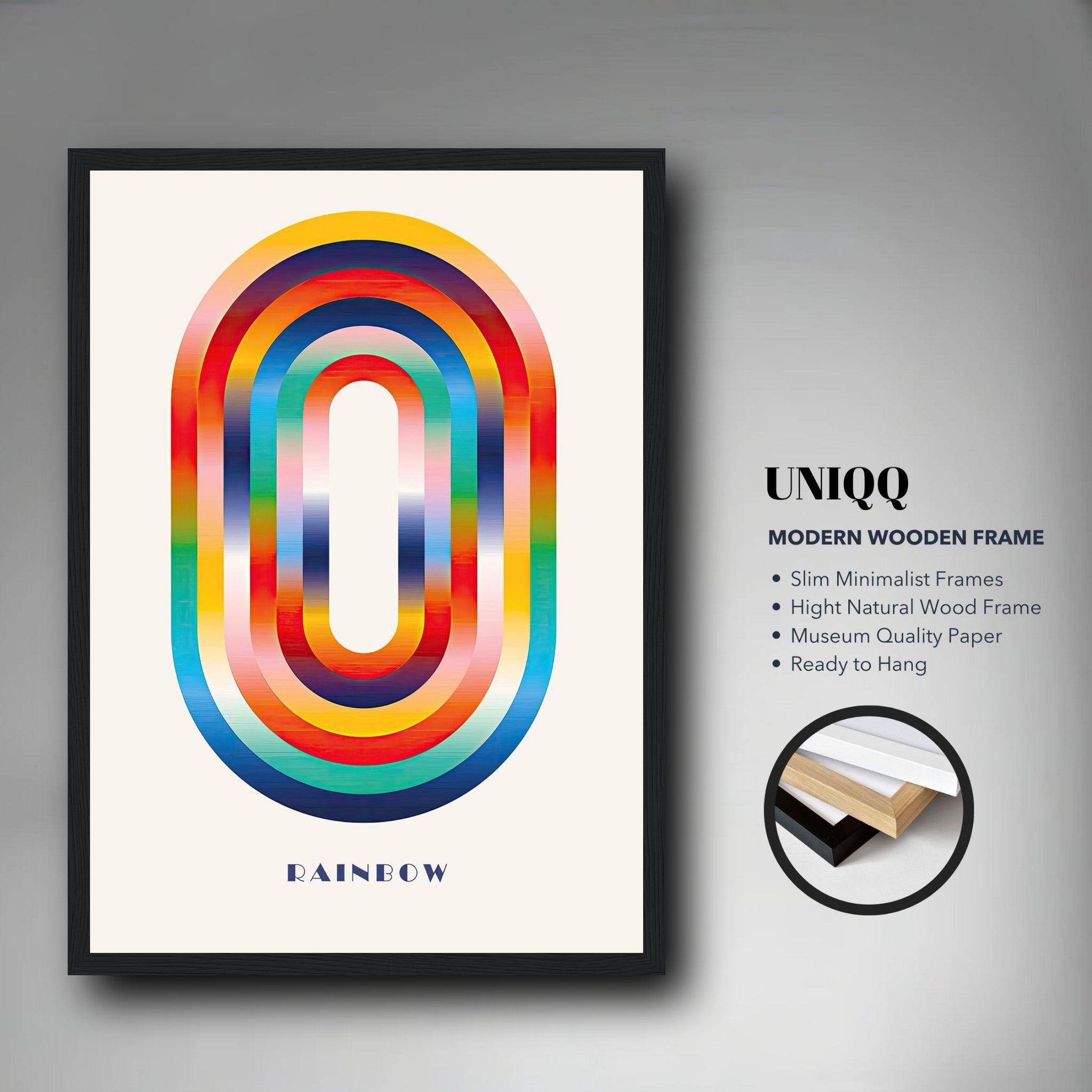 Framed Abstract Rainbow Geometric Art featuring vibrant colors and modern design in a sleek wooden frame.