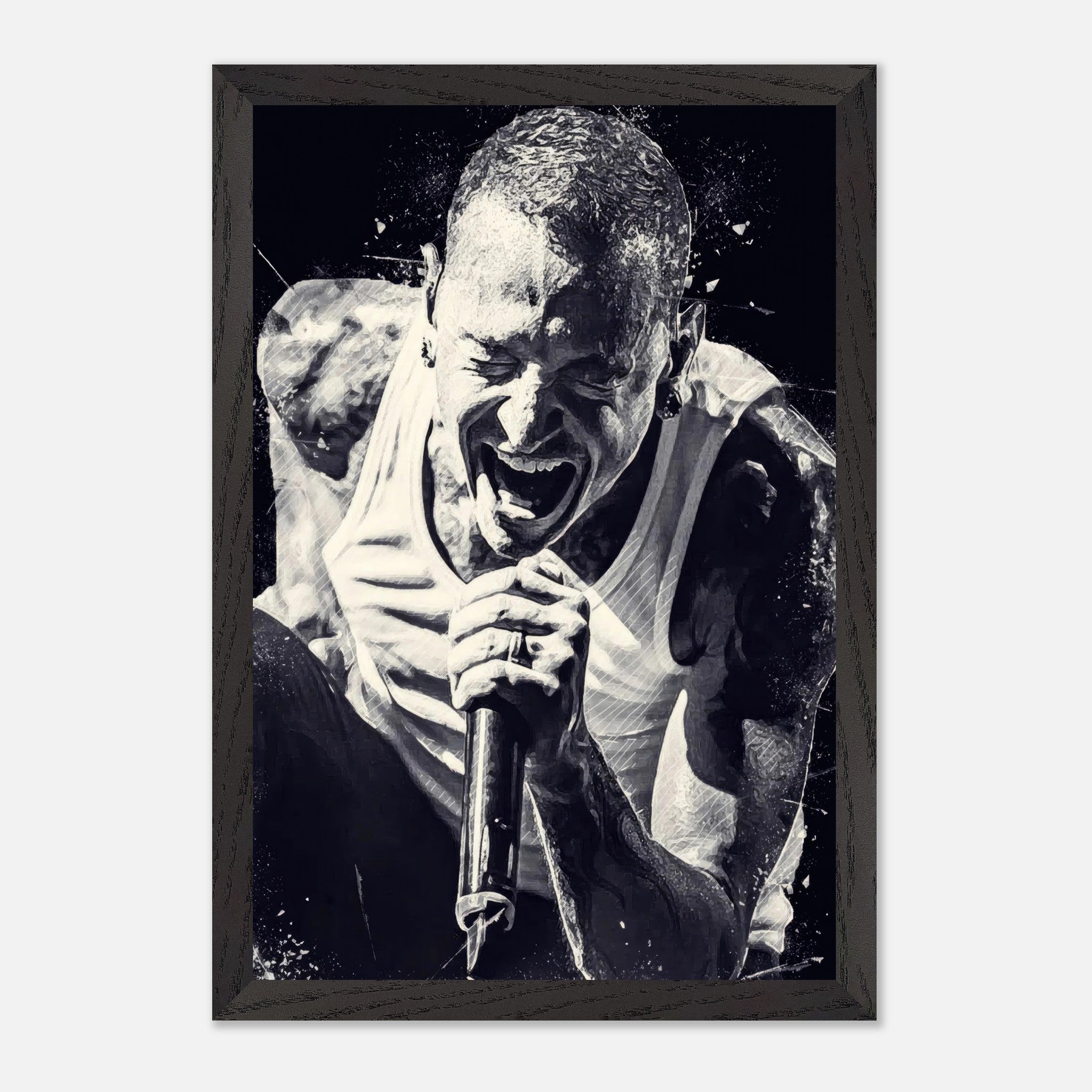 Chester Bennington fine art print capturing his passionate performance as Linkin Park's iconic frontman.