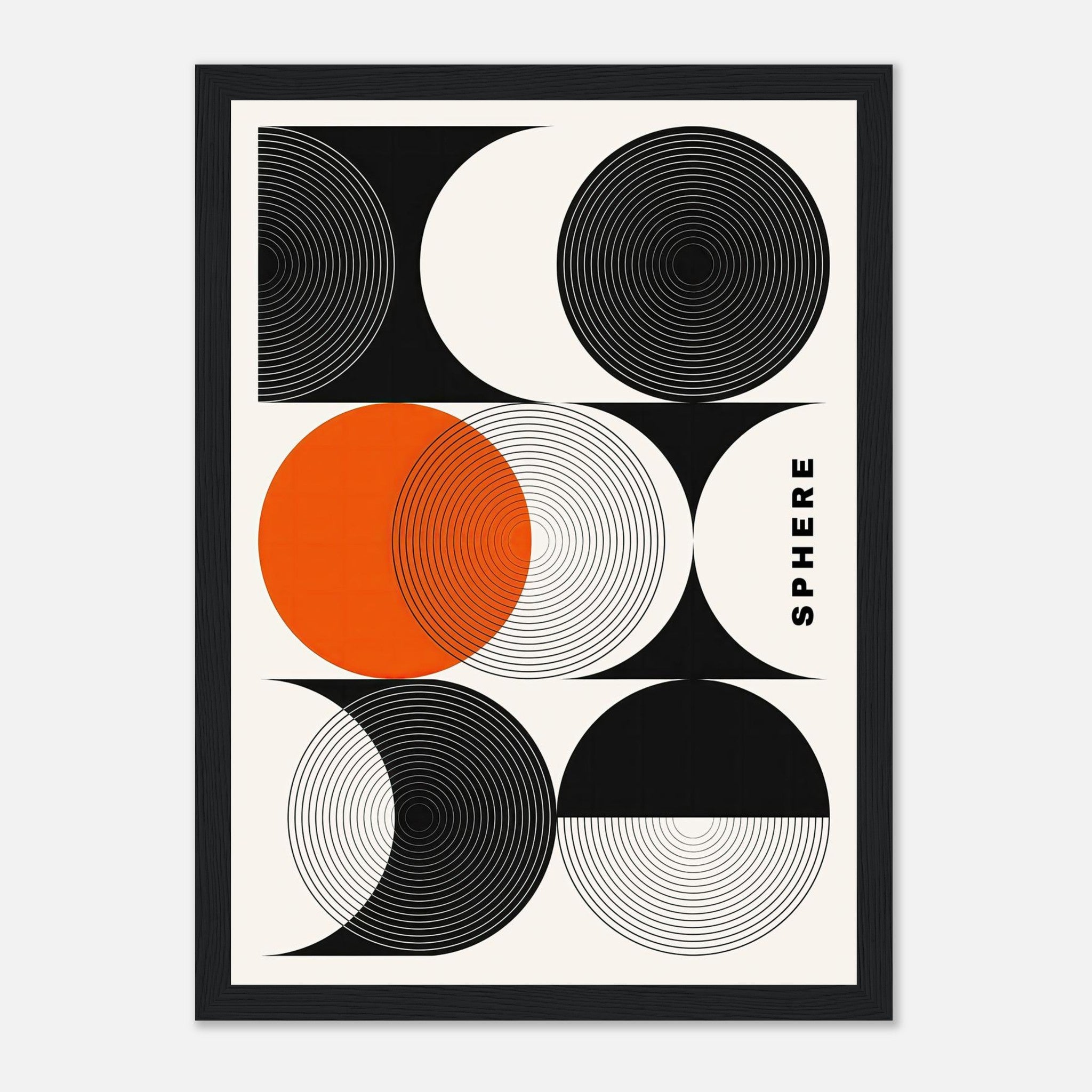 Framed print of abstract geometric sphere art with bold black, white, and orange circular patterns for modern decor.