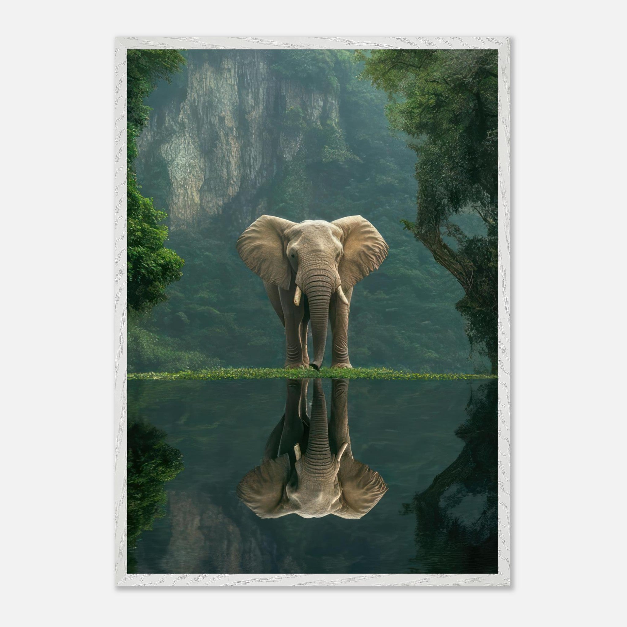 Jungle Elephant Portrait reflecting in water, surrounded by lush greenery, showcasing fine art quality and natural beauty.