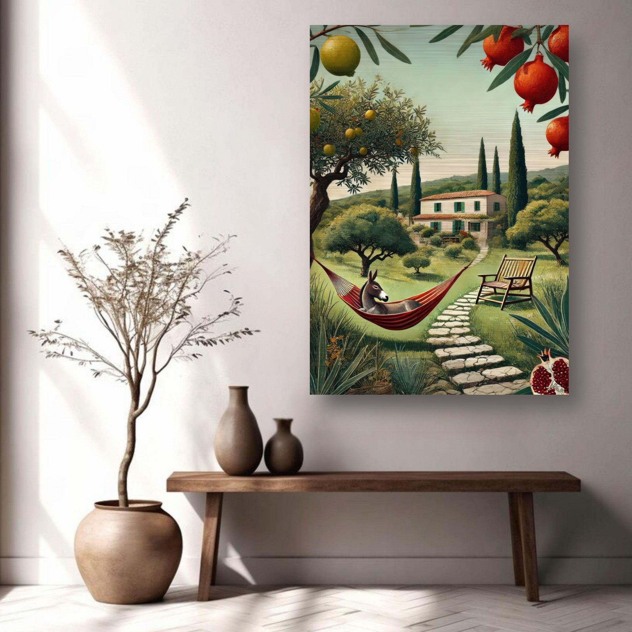 Mediterranean rural landscape artwork featuring a donkey in a hammock, lush greenery, and vibrant pomegranates.