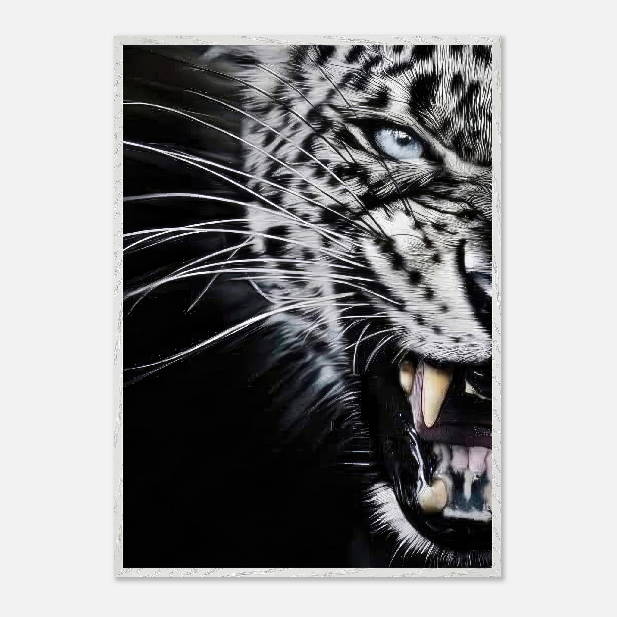 Close-up portrait of a fierce leopard with striking blue eyes and sharp teeth, showcasing fine art quality.
