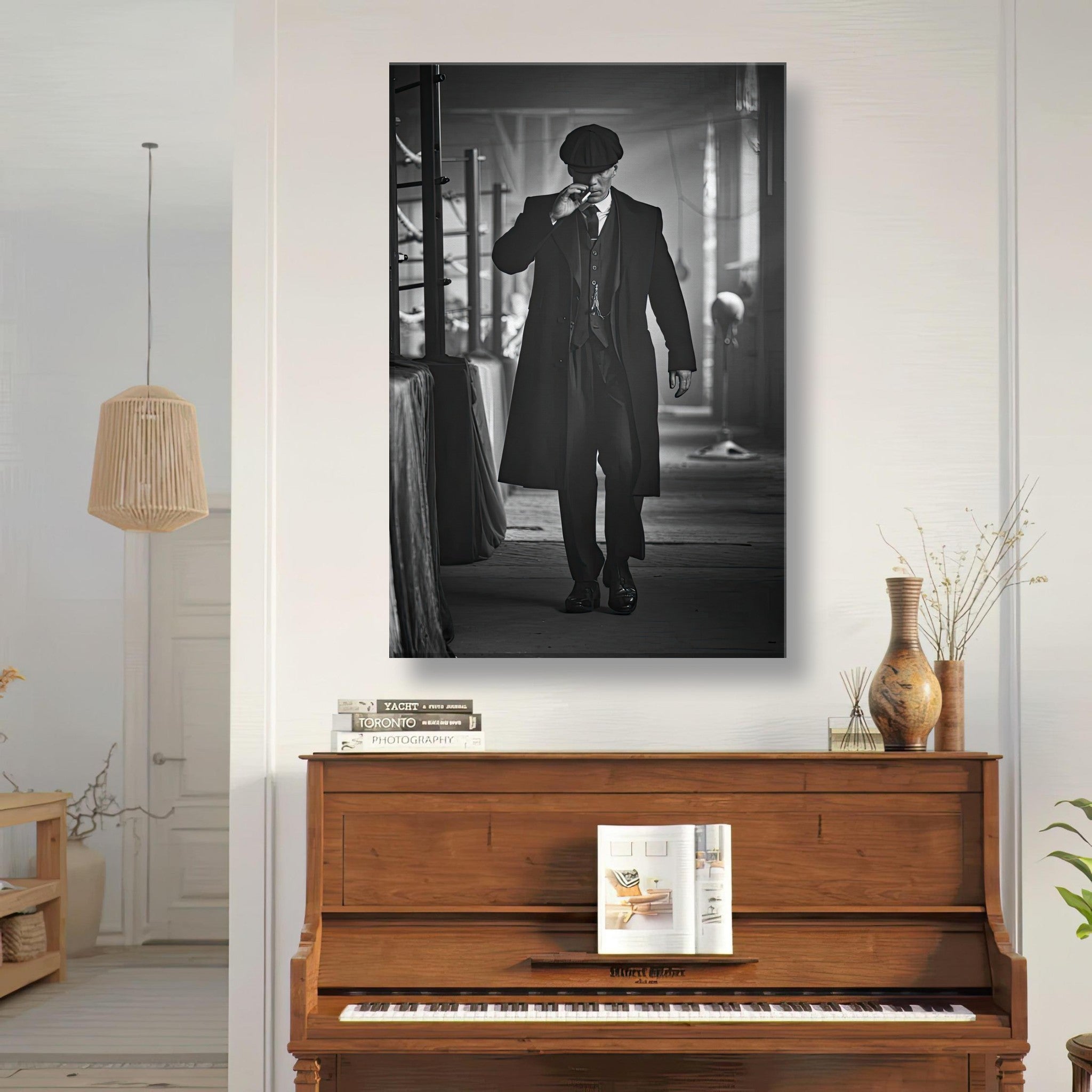 Tommy Shelby Peaky Blinders canvas art in black and white, enhancing a stylish home decor.