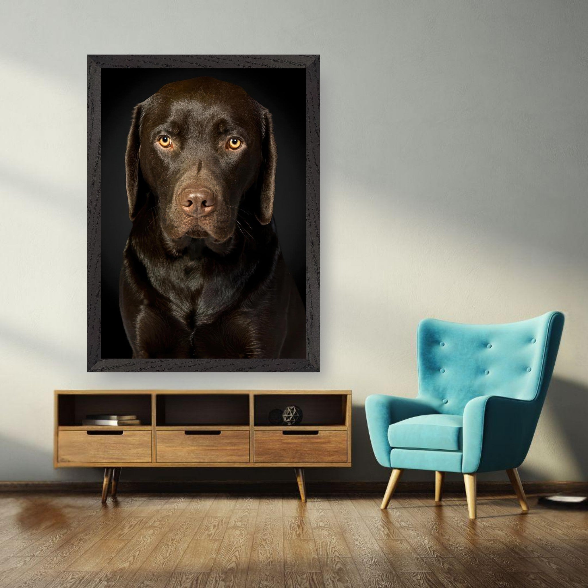 Chocolate Labrador portrait framed print displayed in a modern living room, showcasing its soulful gaze and rich coat.
