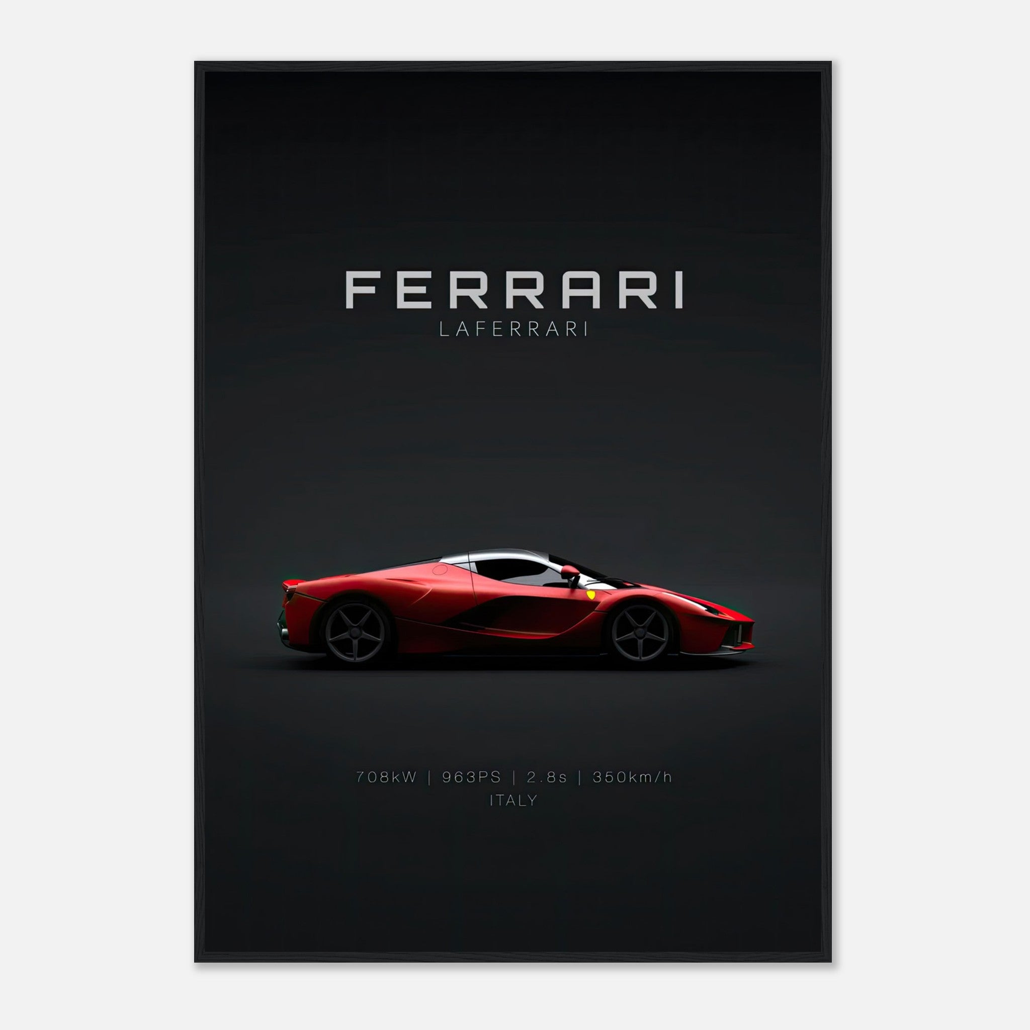 Ferrari Laferrari Framed Poster showcasing a sleek red hypercar against a dark background, perfect for decor.