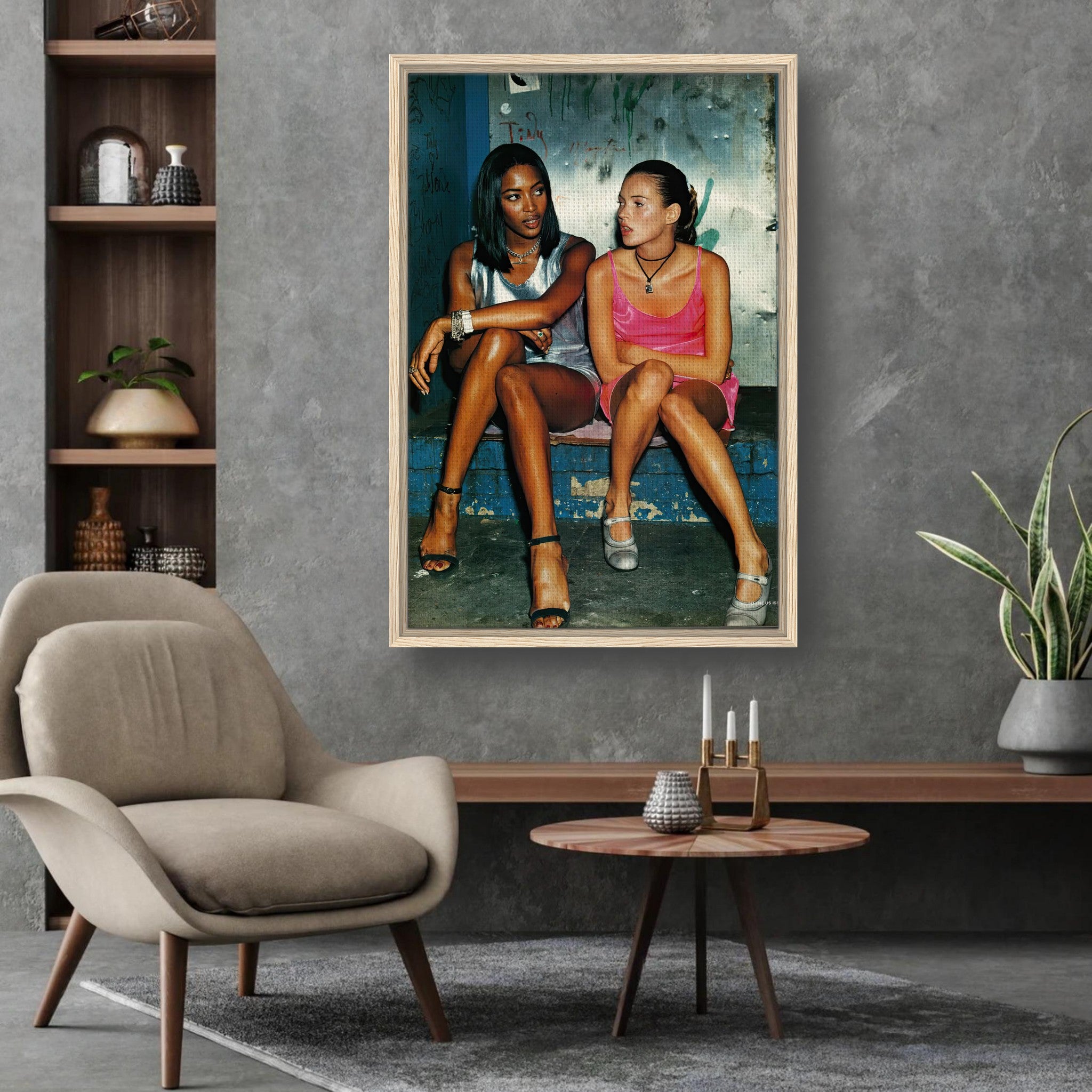 Framed canvas print featuring Naomi Campbell and Kate Moss capturing 90s supermodel glamour.