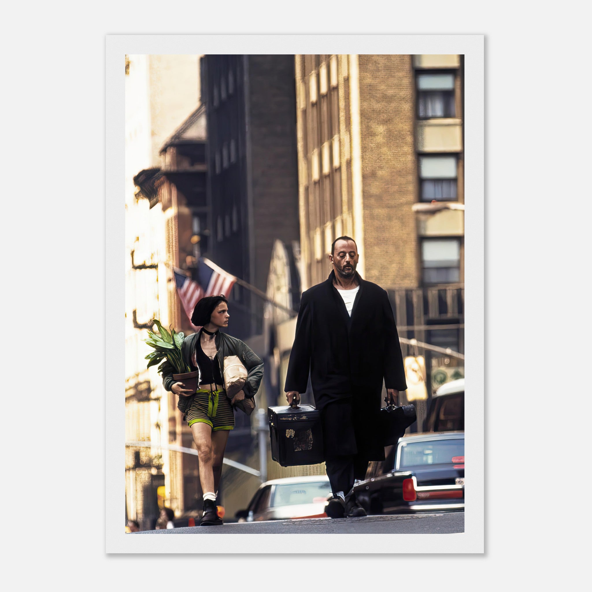 Jean Reno and Natalie Portman in *Leon*, framed print capturing their iconic moment on the city street.
