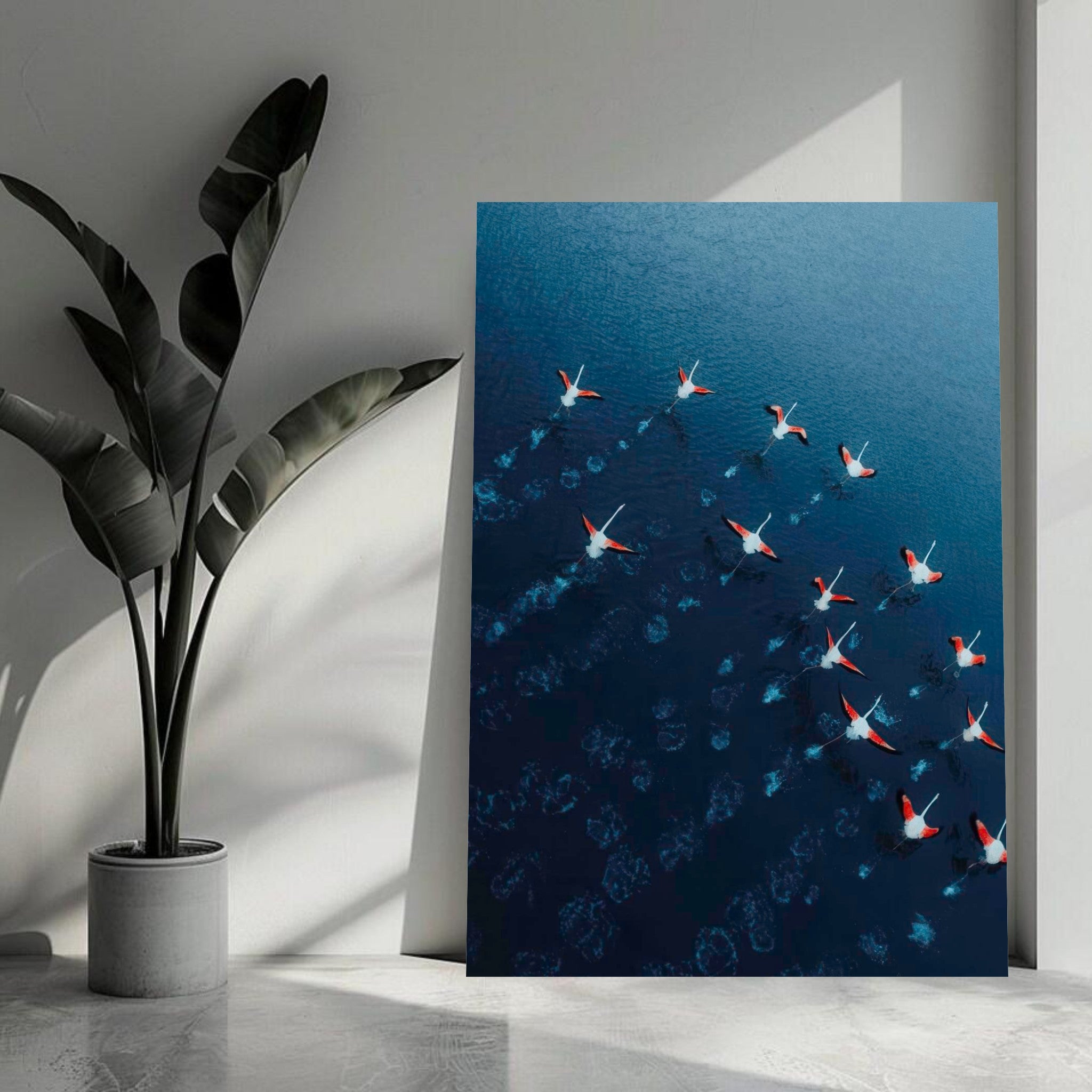 Aerial view of vibrant flamingos over deep blue waters in a stunning metal print decor.