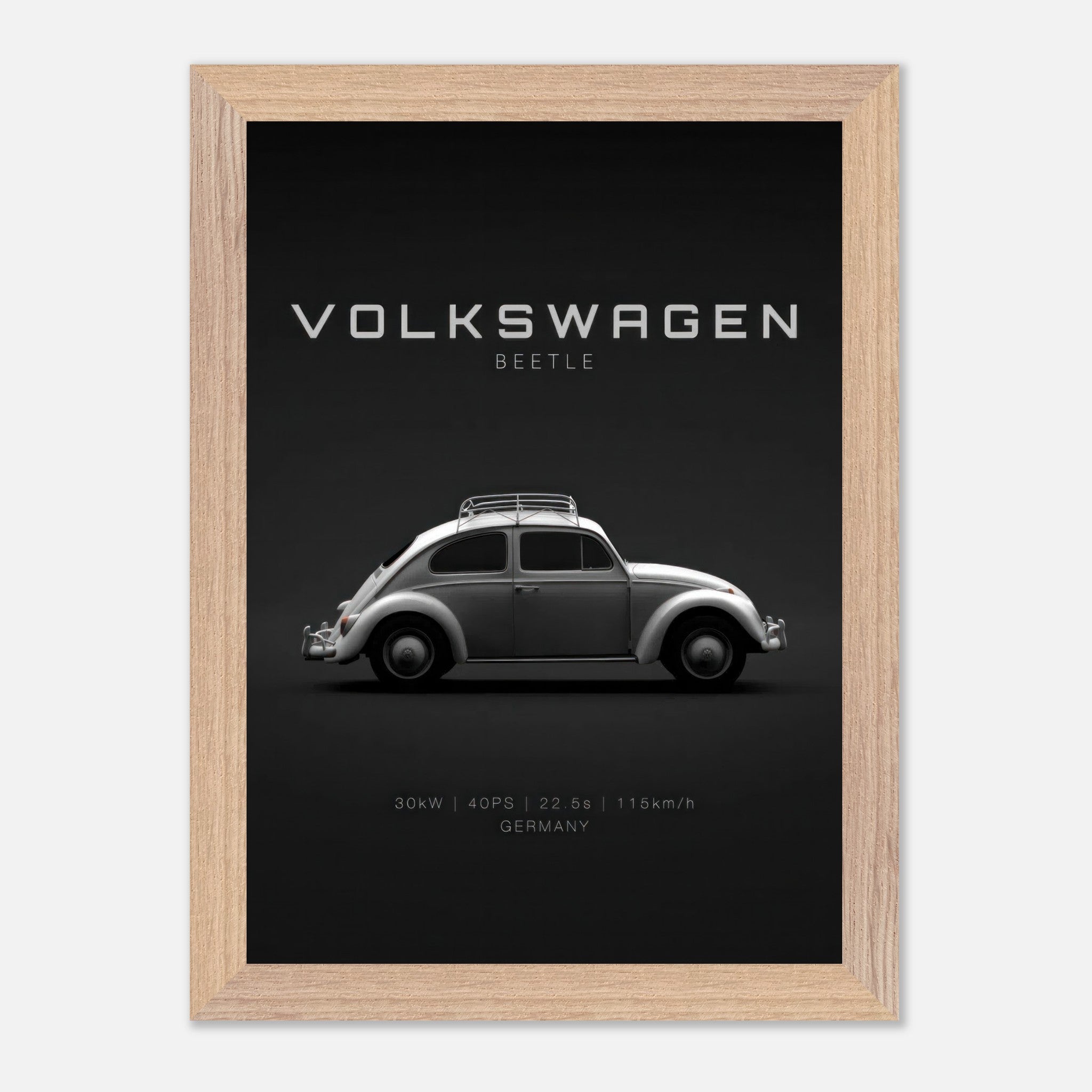 Vintage Volkswagen Beetle framed art print on a minimalist black background.
