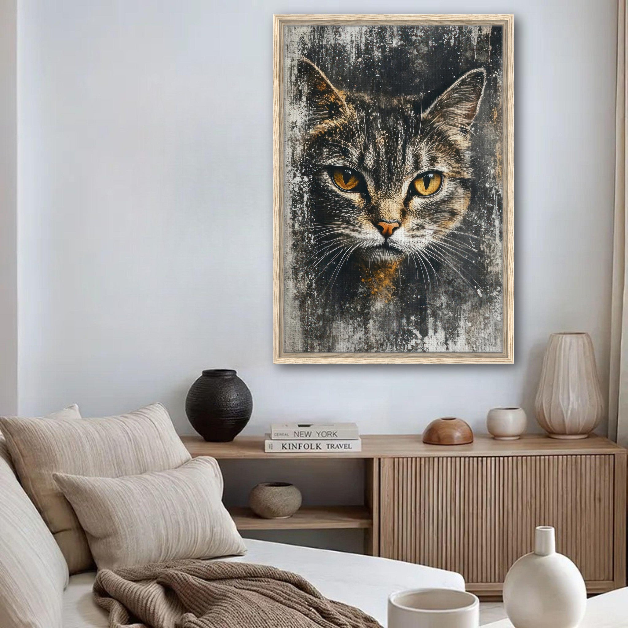 Framed cat painting artwork showcasing a close-up of a cat's intense gaze in a stylish home decor setting.
