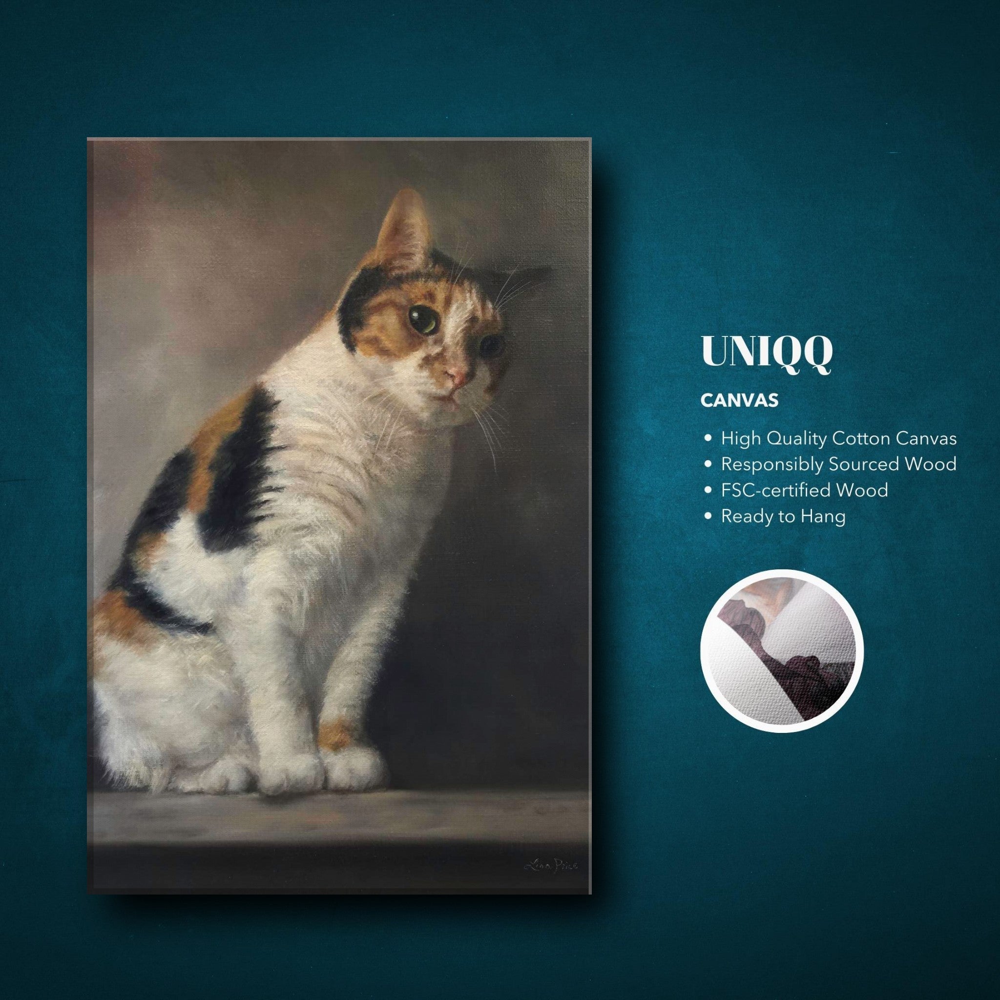Realistic cat portrait painting on canvas, showcasing exquisite detail and lifelike brushstrokes.