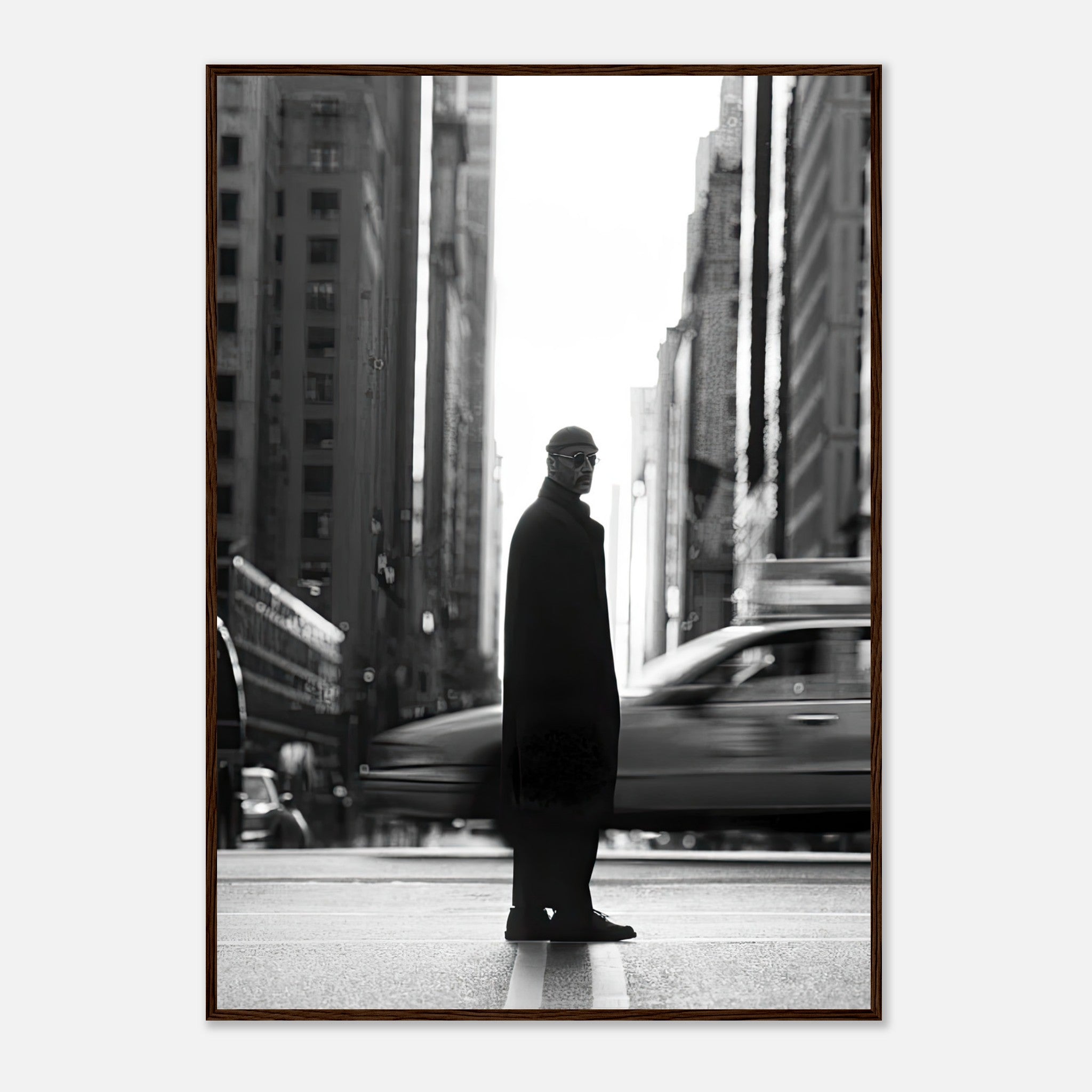 Jean Reno as Leon in New York, framed black-and-white print capturing urban sophistication and cinematic allure.