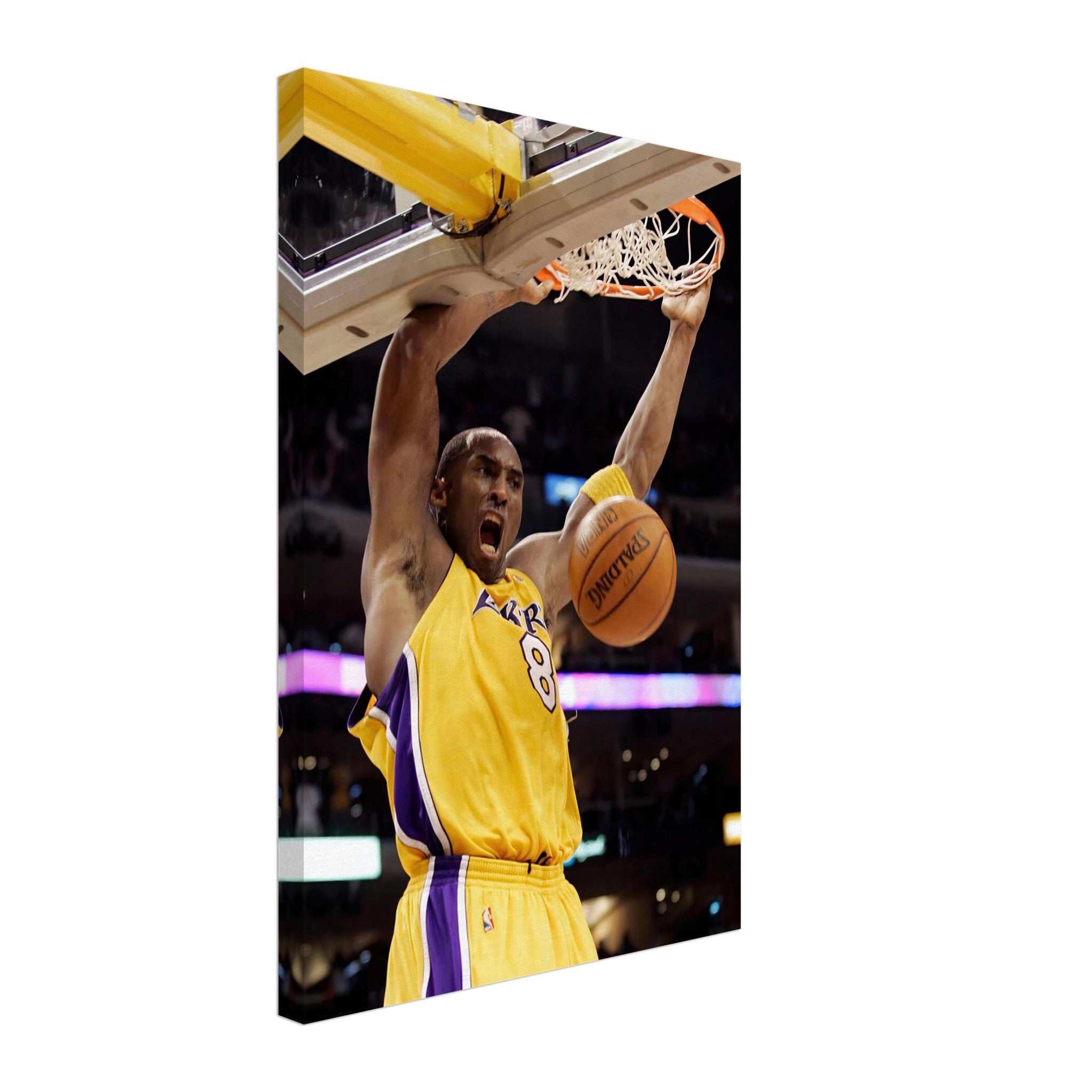 Kobe Bryant delivering an iconic slam dunk in a Lakers jersey, captured in high-definition canvas print.