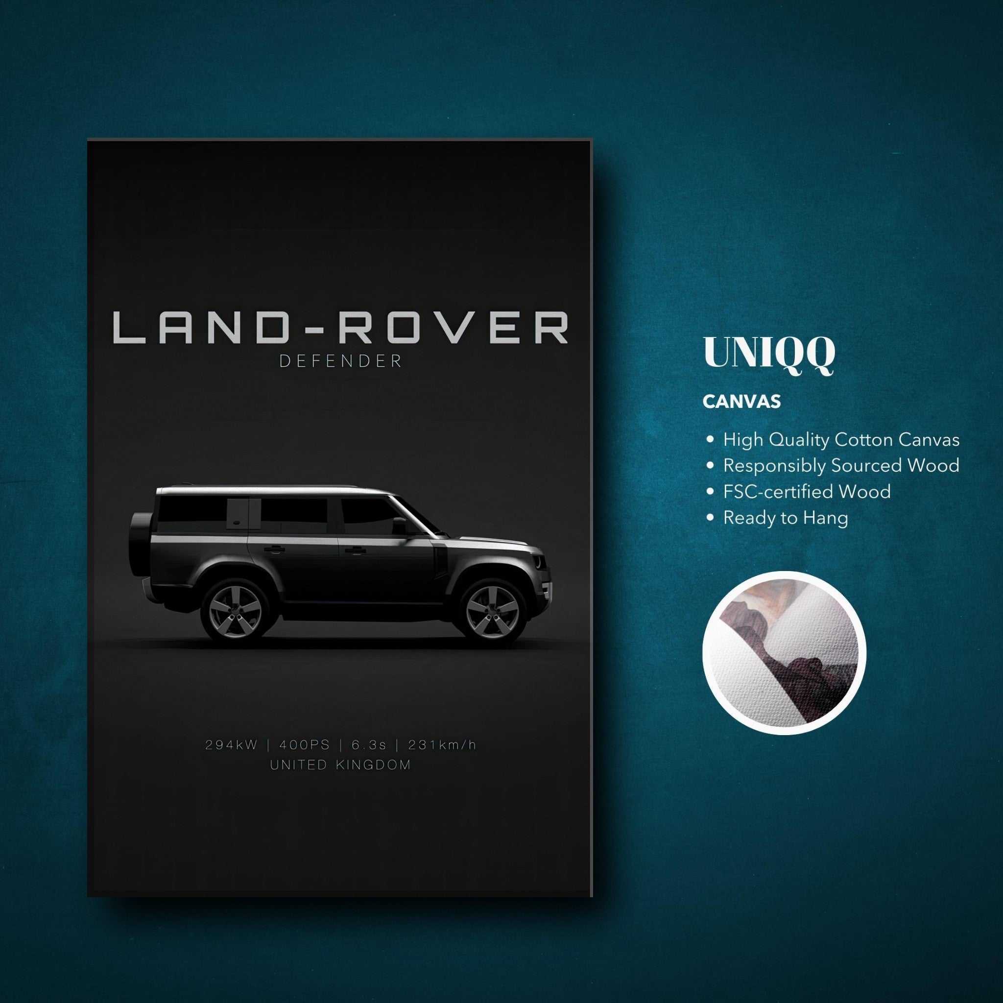 Land Rover Defender canvas art showcasing a sleek side profile on a minimalist black background.