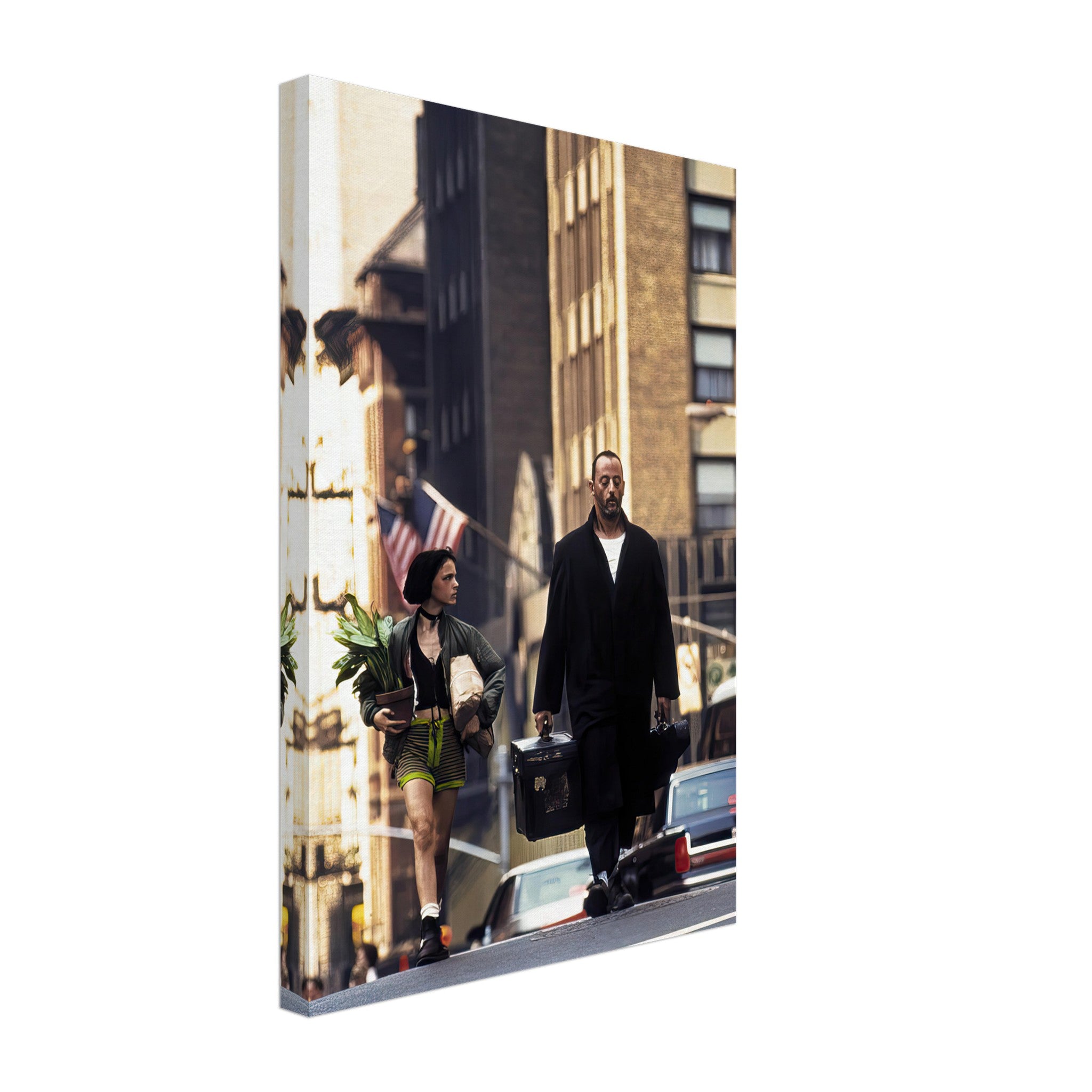 Jean Reno and Natalie Portman walking in a scene from the film Leon: The Professional, printed on durable canvas.