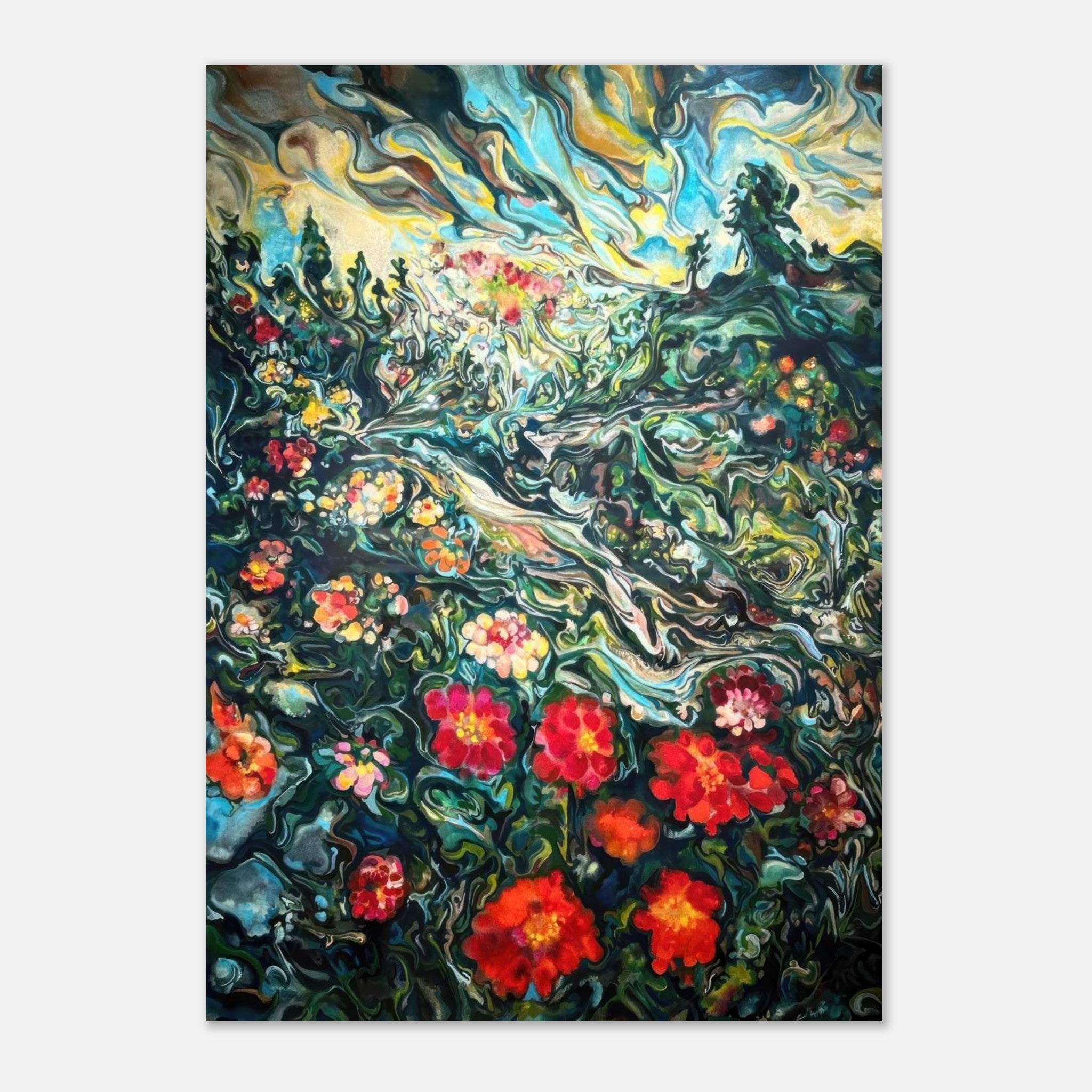 Vibrant abstract floral landscape painting poster with swirling colors and blooming flowers.