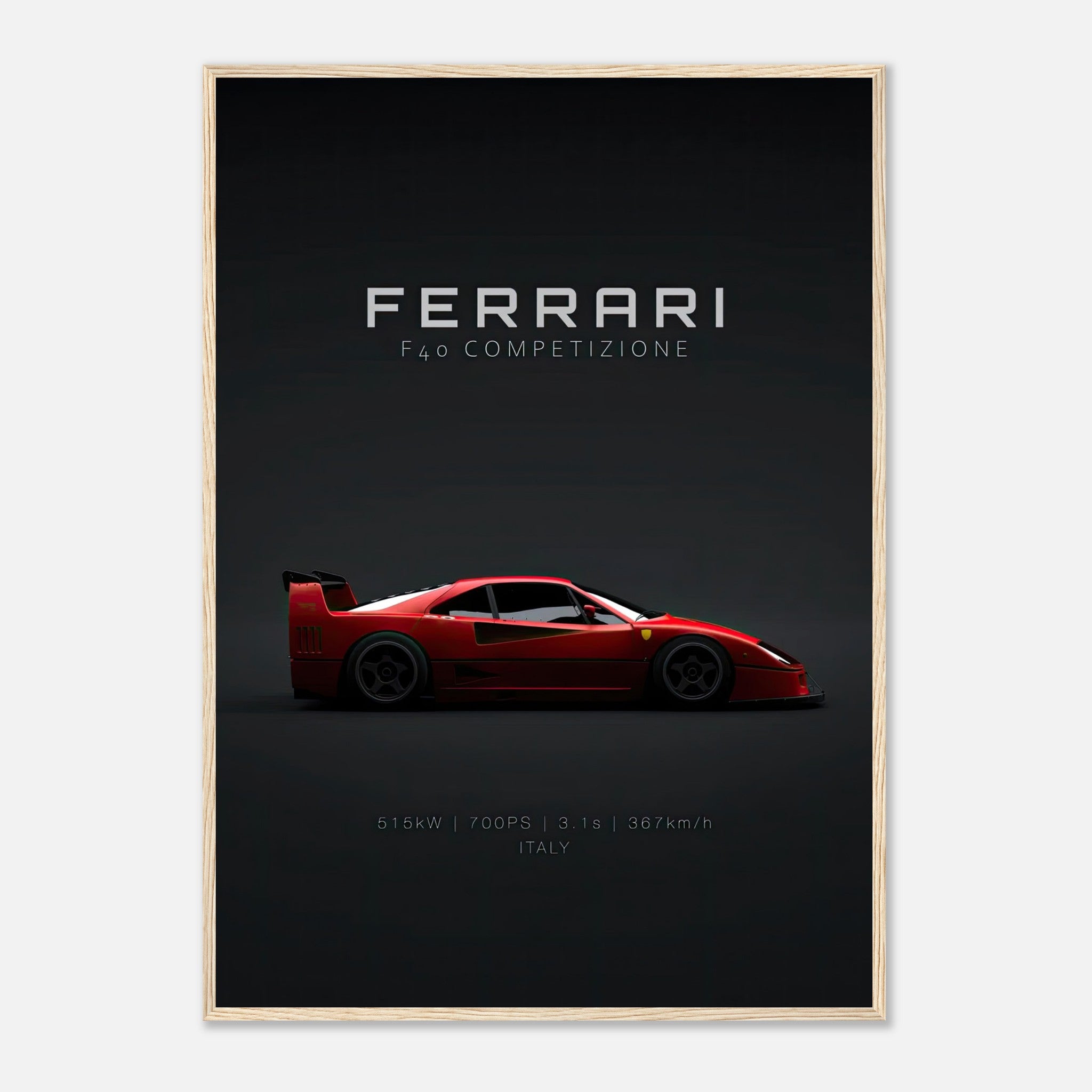 Ferrari F40 Competizione framed poster showcasing sleek red design on a minimalist dark background
