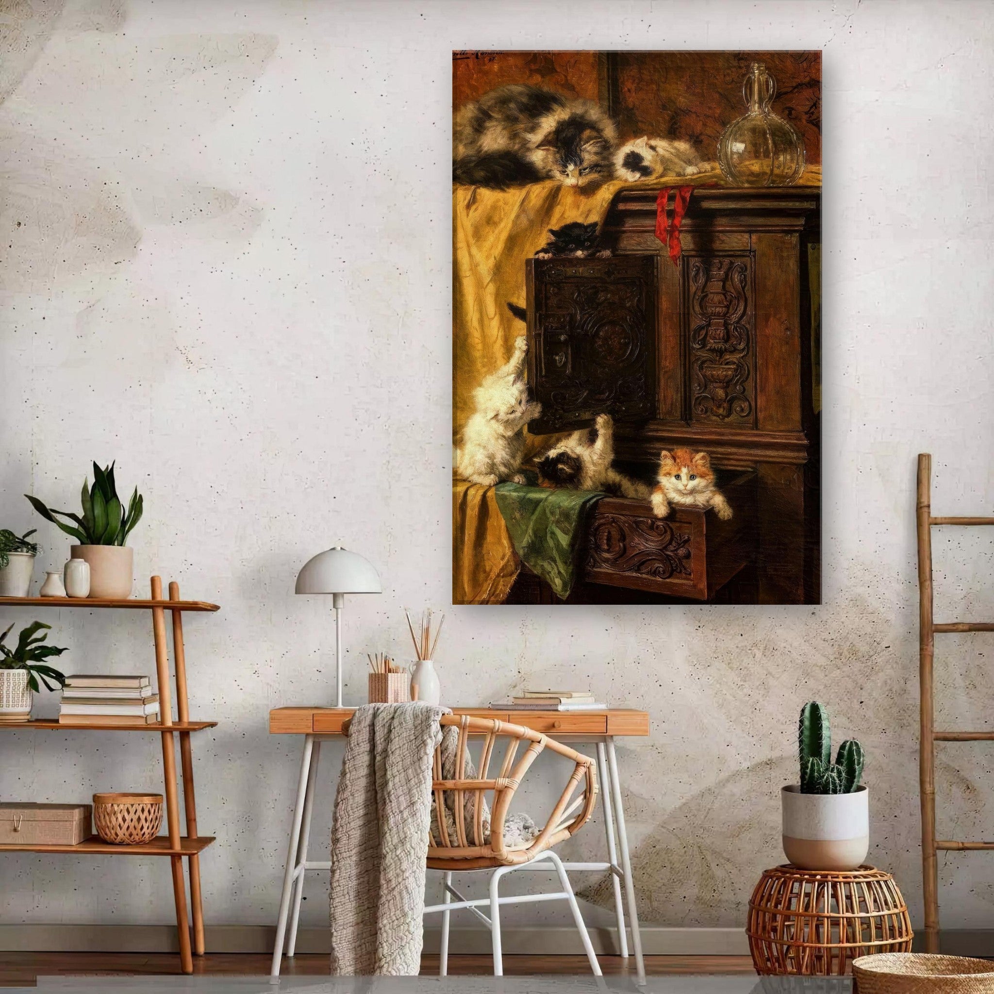 Vintage Cat Painting Canvas Print featuring playful kittens on an antique cabinet, adding charm to a stylish interior.