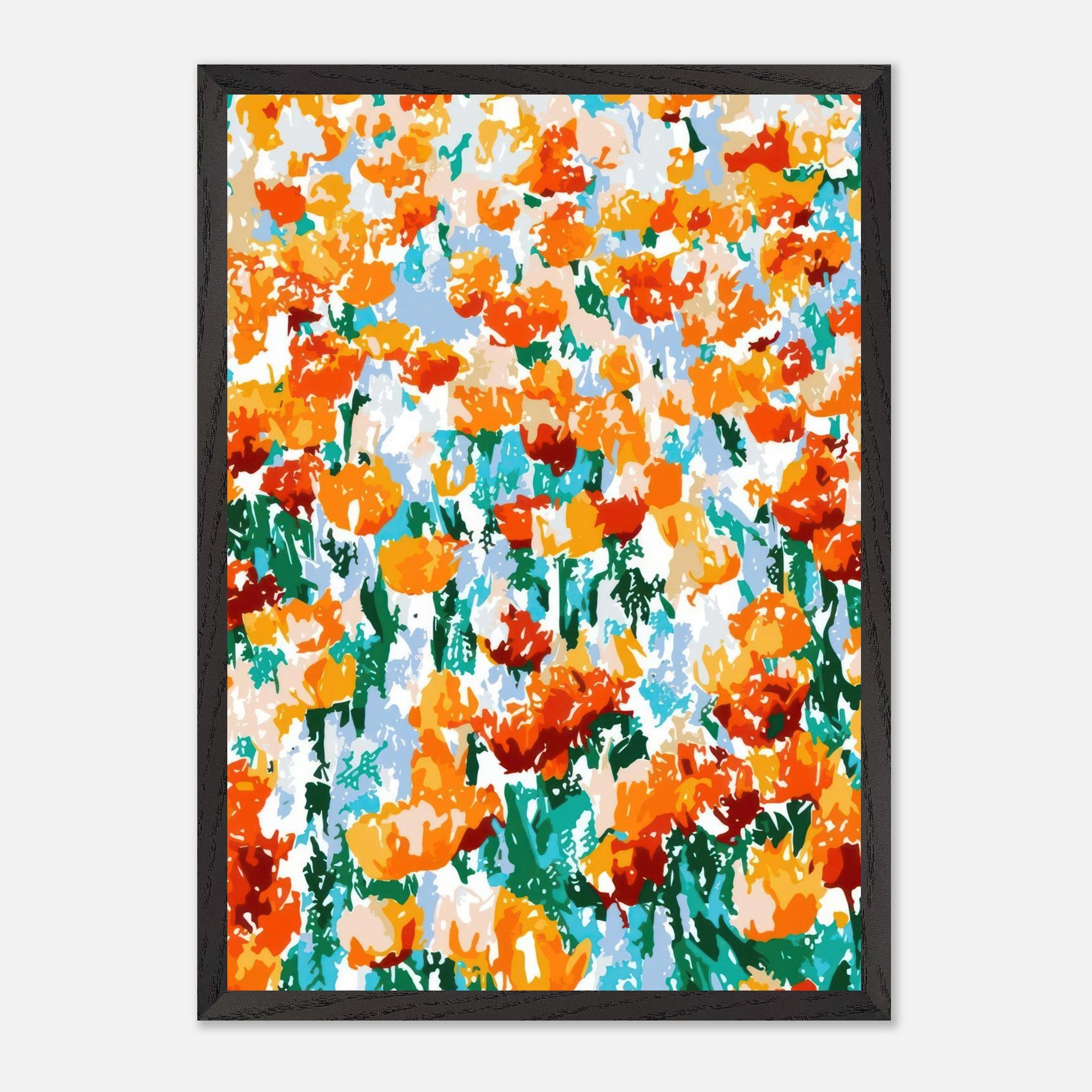 Abstract Floral Tulip Garden vintage framed print featuring vibrant orange and yellow tulips against a colorful backdrop.