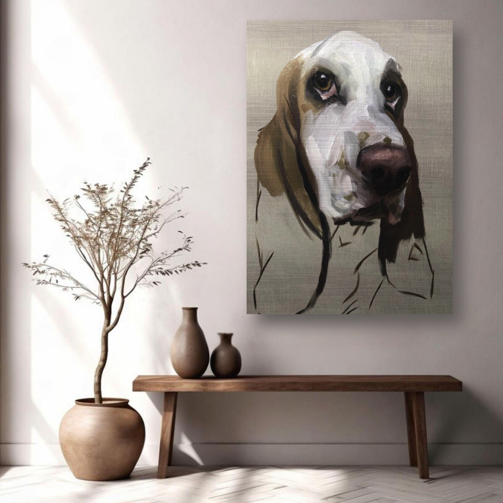 Basset Hound dog painting on brushed metal displayed in a stylish interior setting.