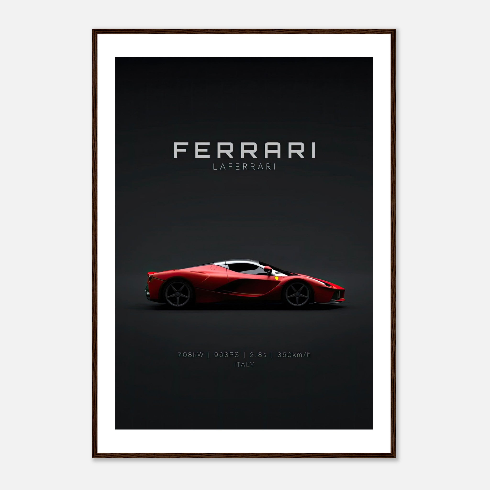 Ferrari Laferrari framed poster showcasing the iconic red hypercar on a dark background, perfect for home decor.