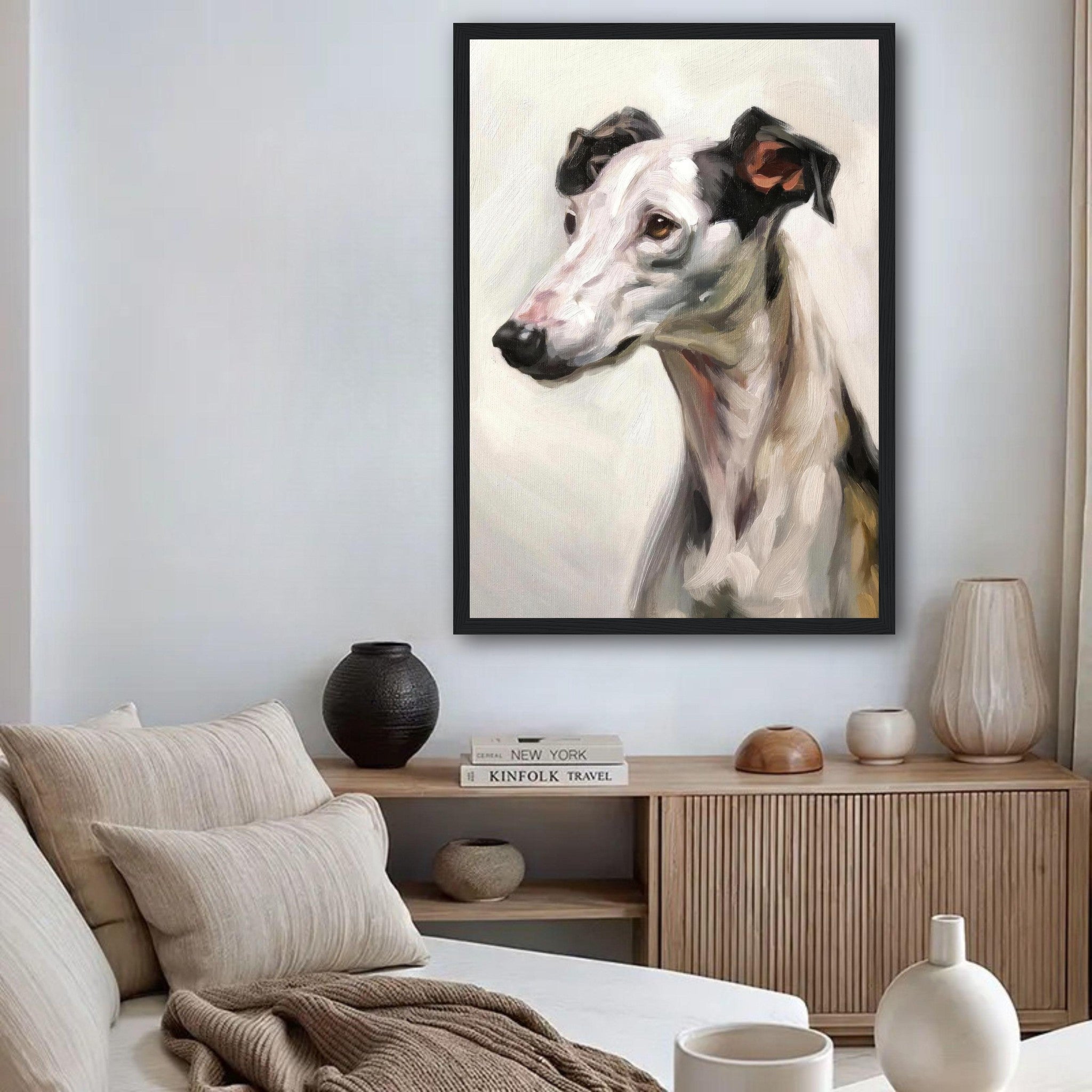 Framed painting of a Greyhound dog in a modern living room setting, adding elegance and charm to the decor.