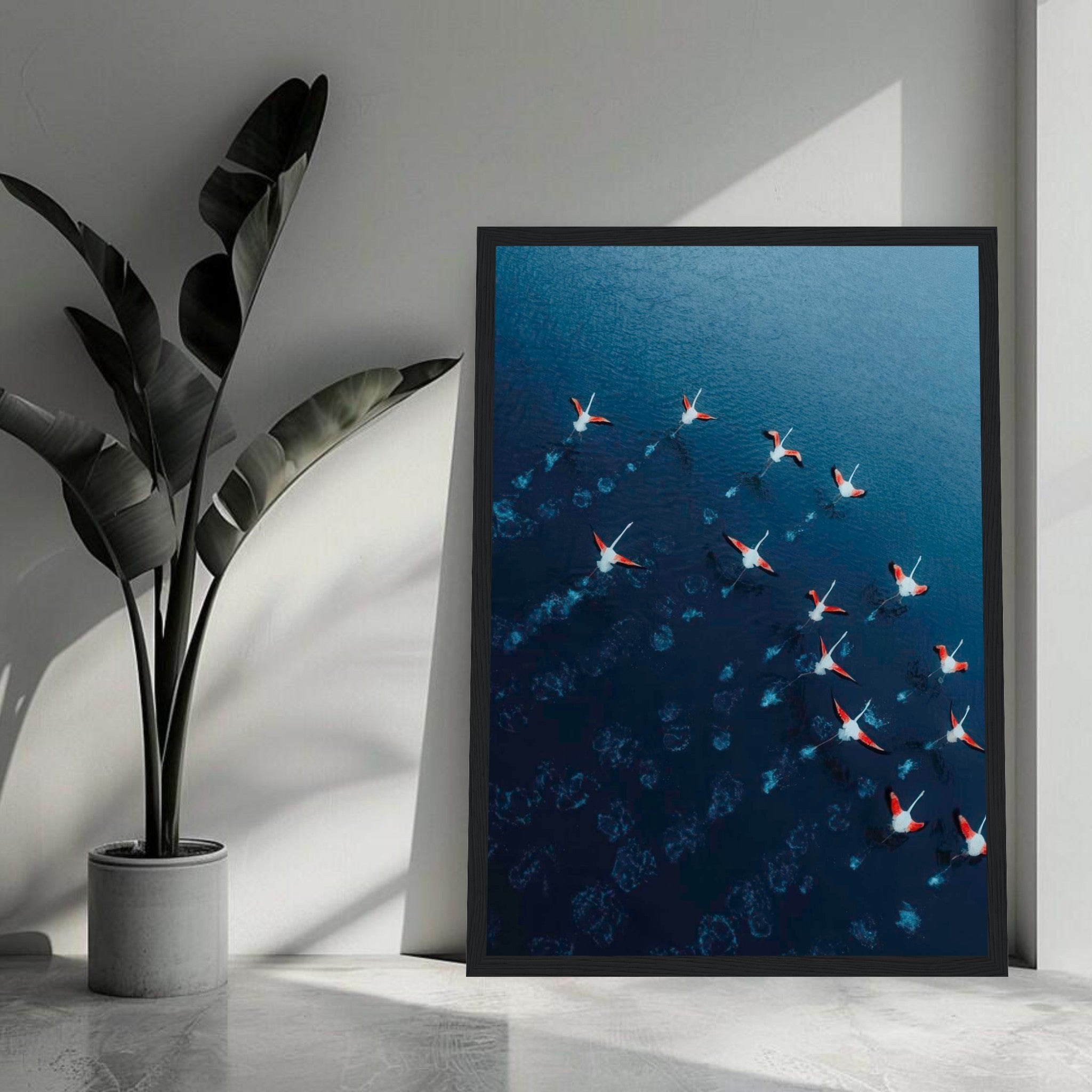 Aerial view of flamingos flying over deep blue waters in a framed print, adding elegance to any decor.