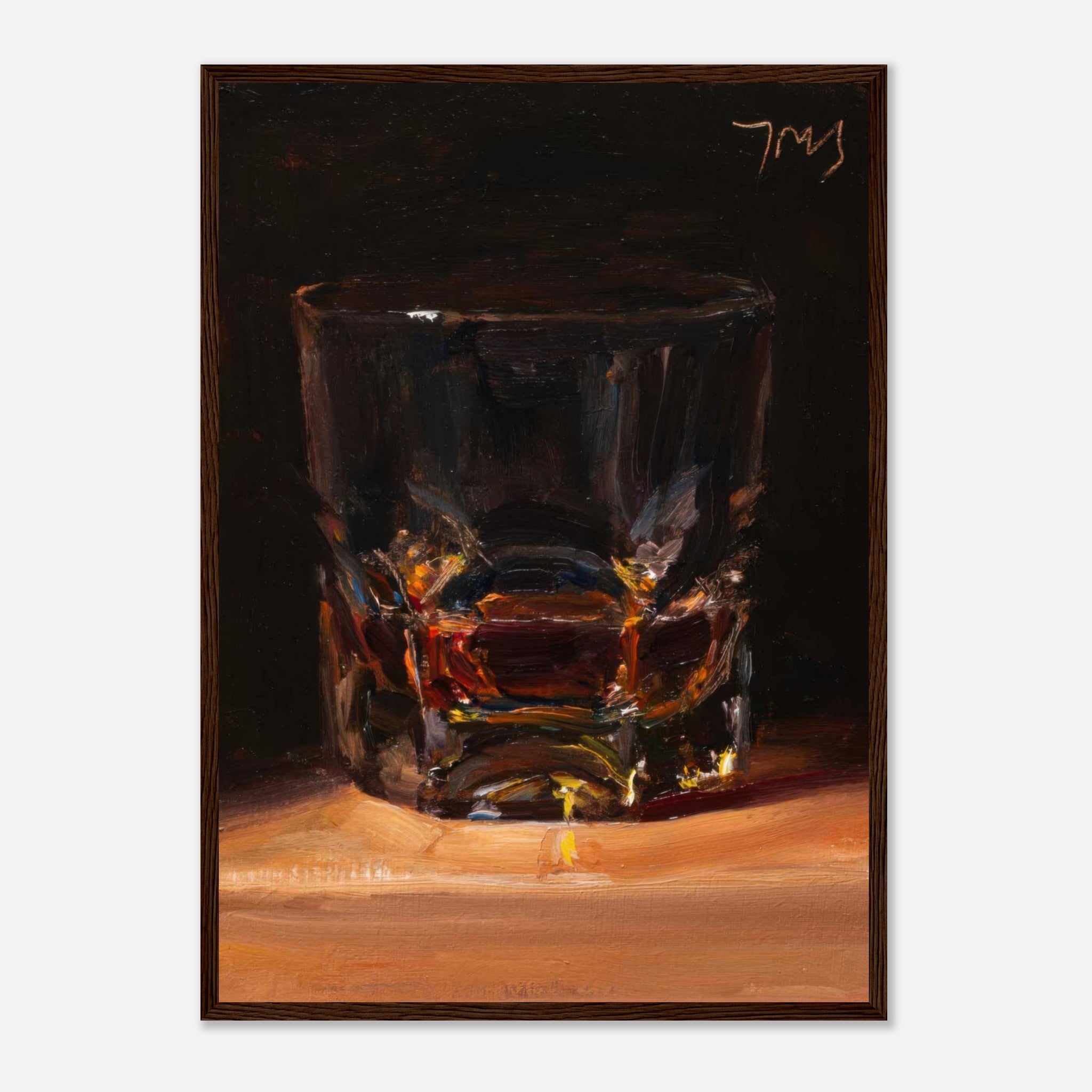 Whiskey glass framed print artwork showcasing deep amber tones and rich brushstrokes, perfect for home decor.
