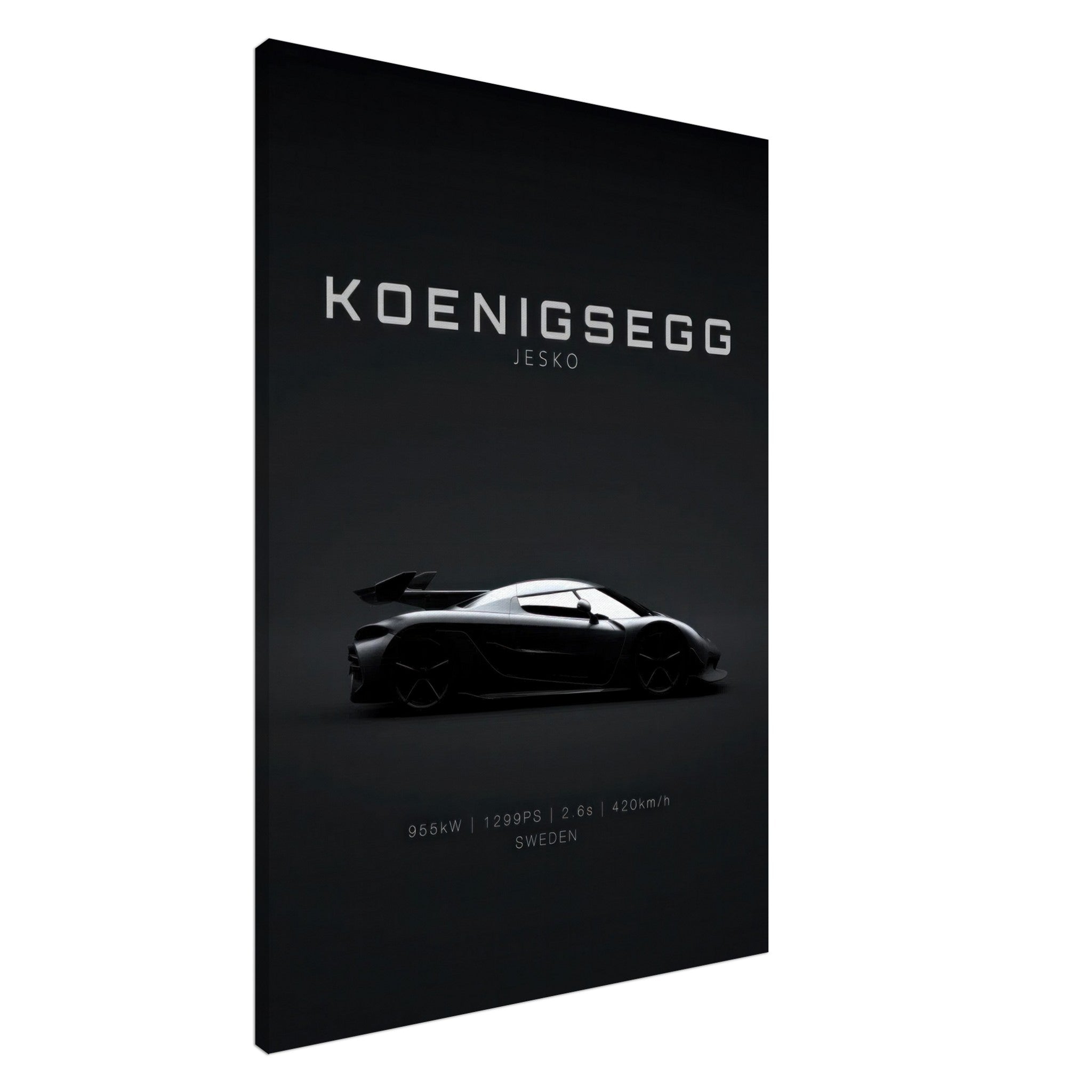 Koenigsegg Jesko canvas art showcasing the iconic hypercar silhouette on a minimalist black background.