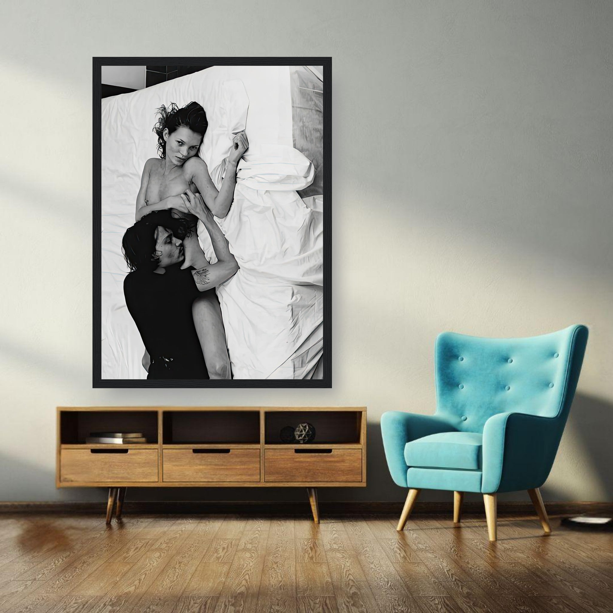 Framed print of Kate Moss and Johnny Depp in black-and-white, capturing their iconic chemistry in 1994.