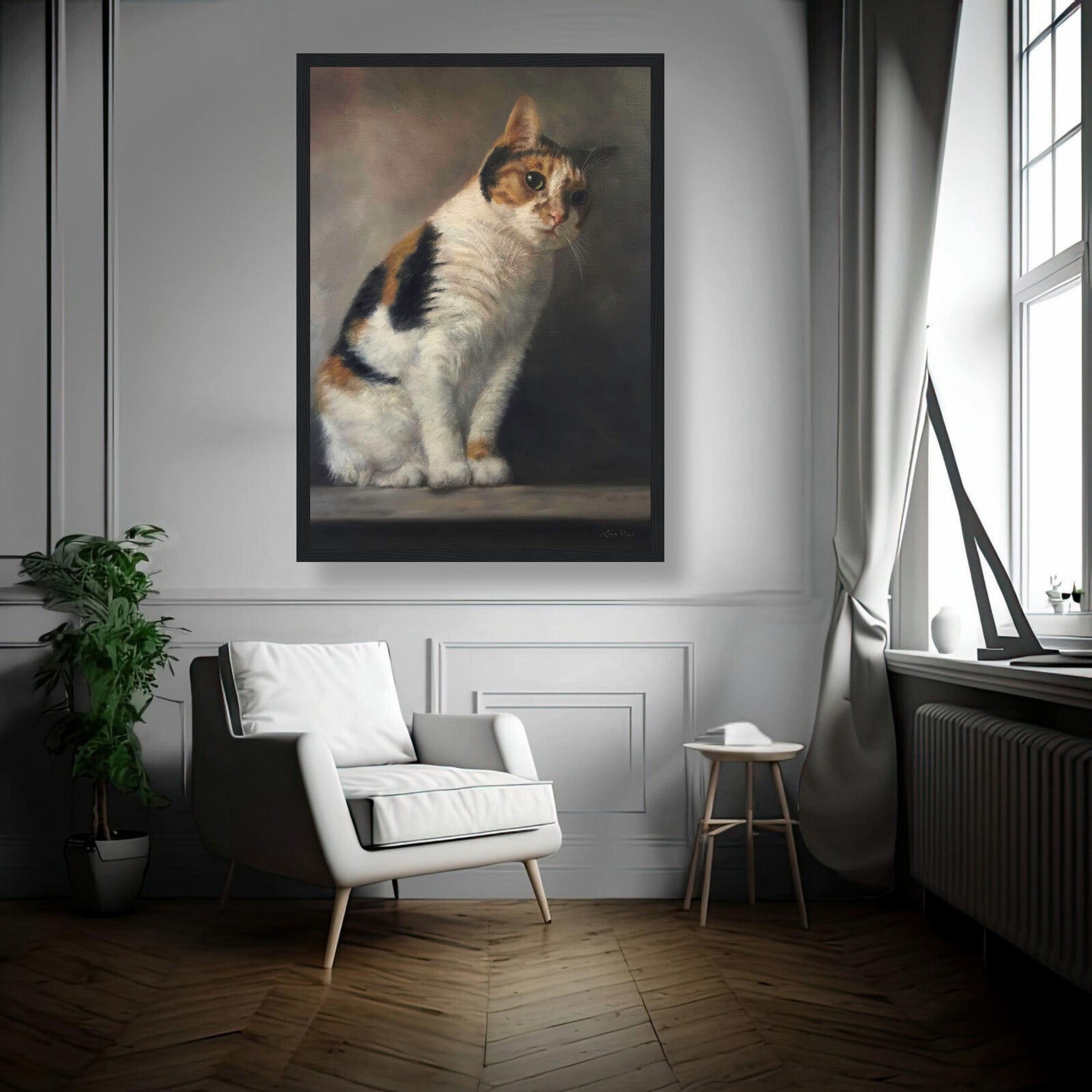 Realistic cat portrait painting framed print in a stylish living room, showcasing feline elegance and charm.