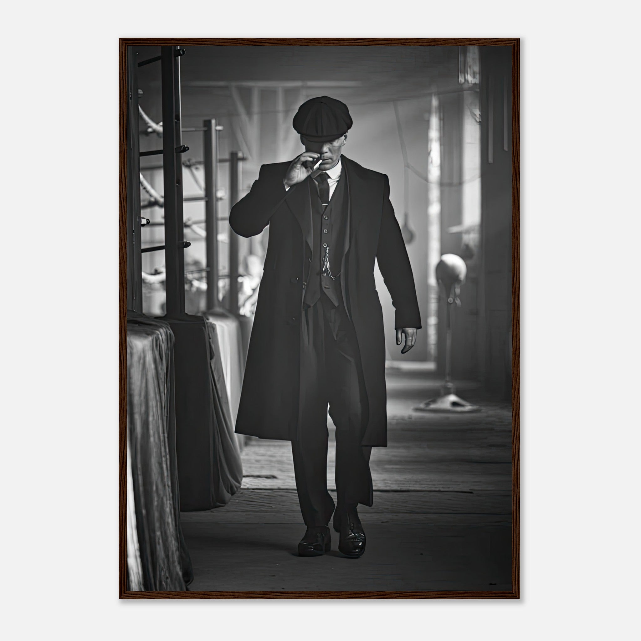 Tommy Shelby from Peaky Blinders in a stylish black-and-white framed print, exuding 1920s Birmingham elegance.