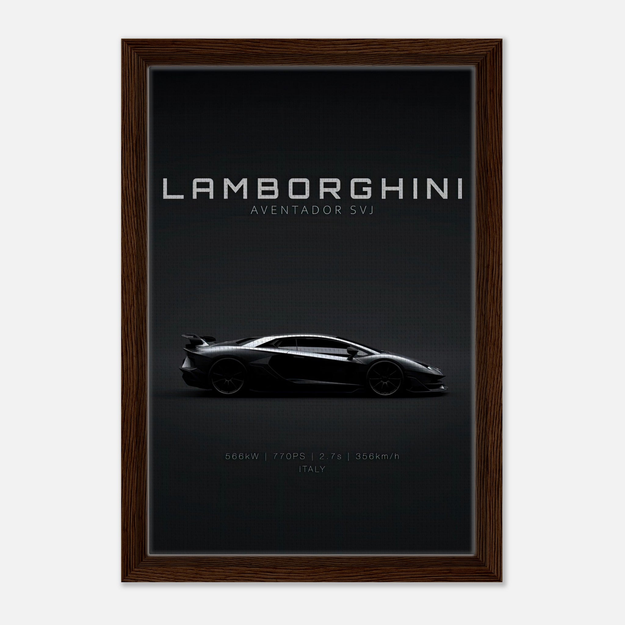 Framed canvas of Lamborghini Aventador SVJ showcasing sleek design against a black background.
