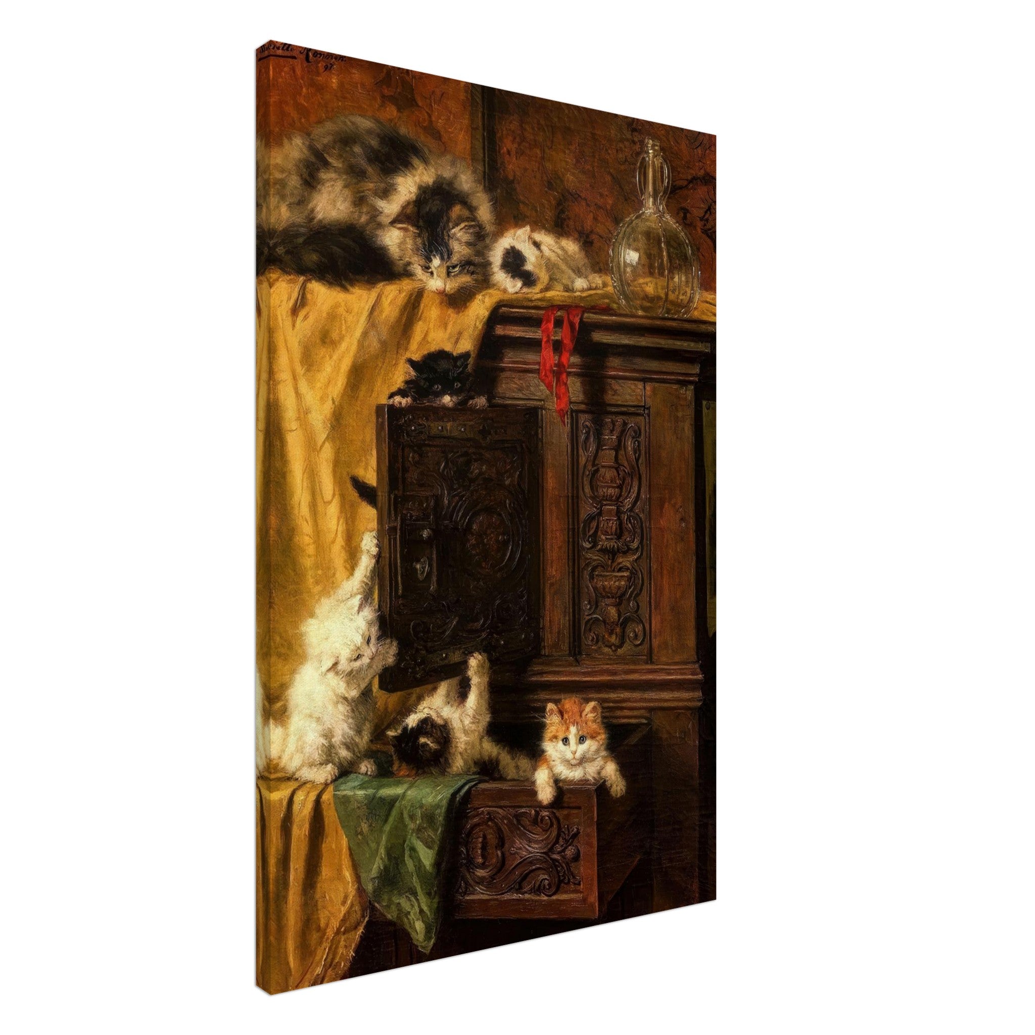 Vintage Cat Painting canvas print featuring playful kittens exploring an antique cabinet.