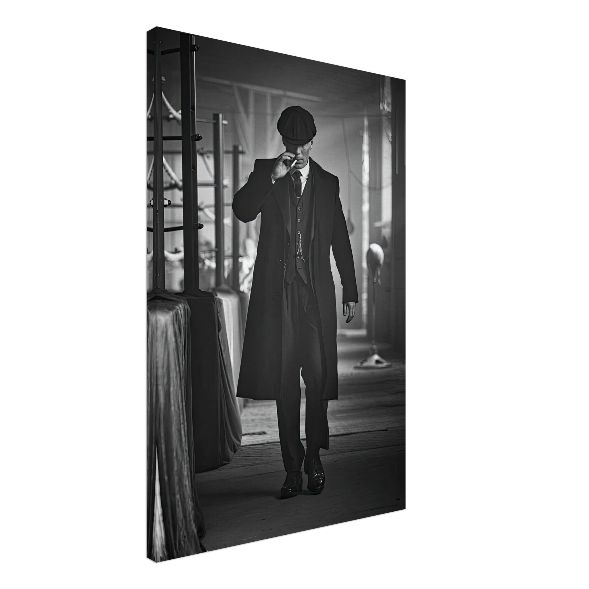 Tommy Shelby canvas art from Peaky Blinders featuring a brooding gangster in vintage black and white style.